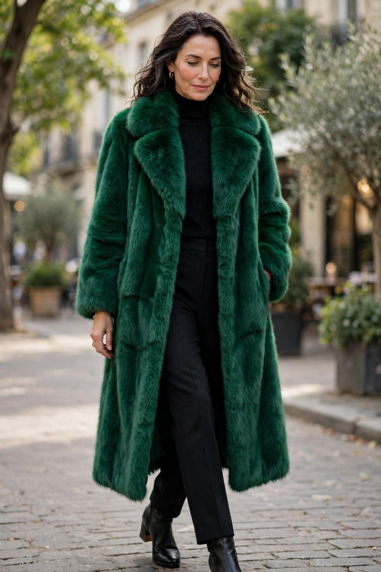 Fashion portrait of woman in green fur coat