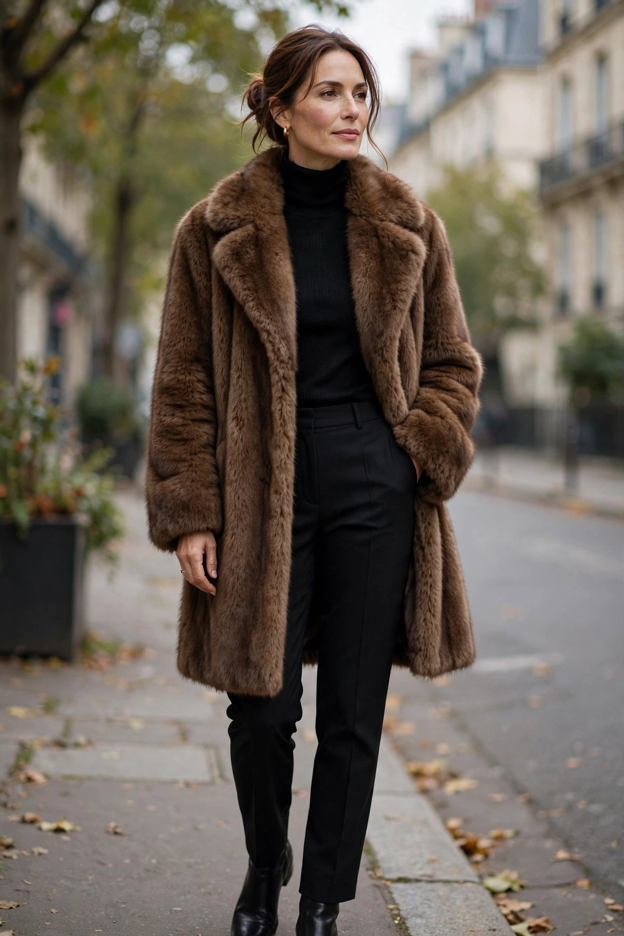 Woman wearing a brown fur coat