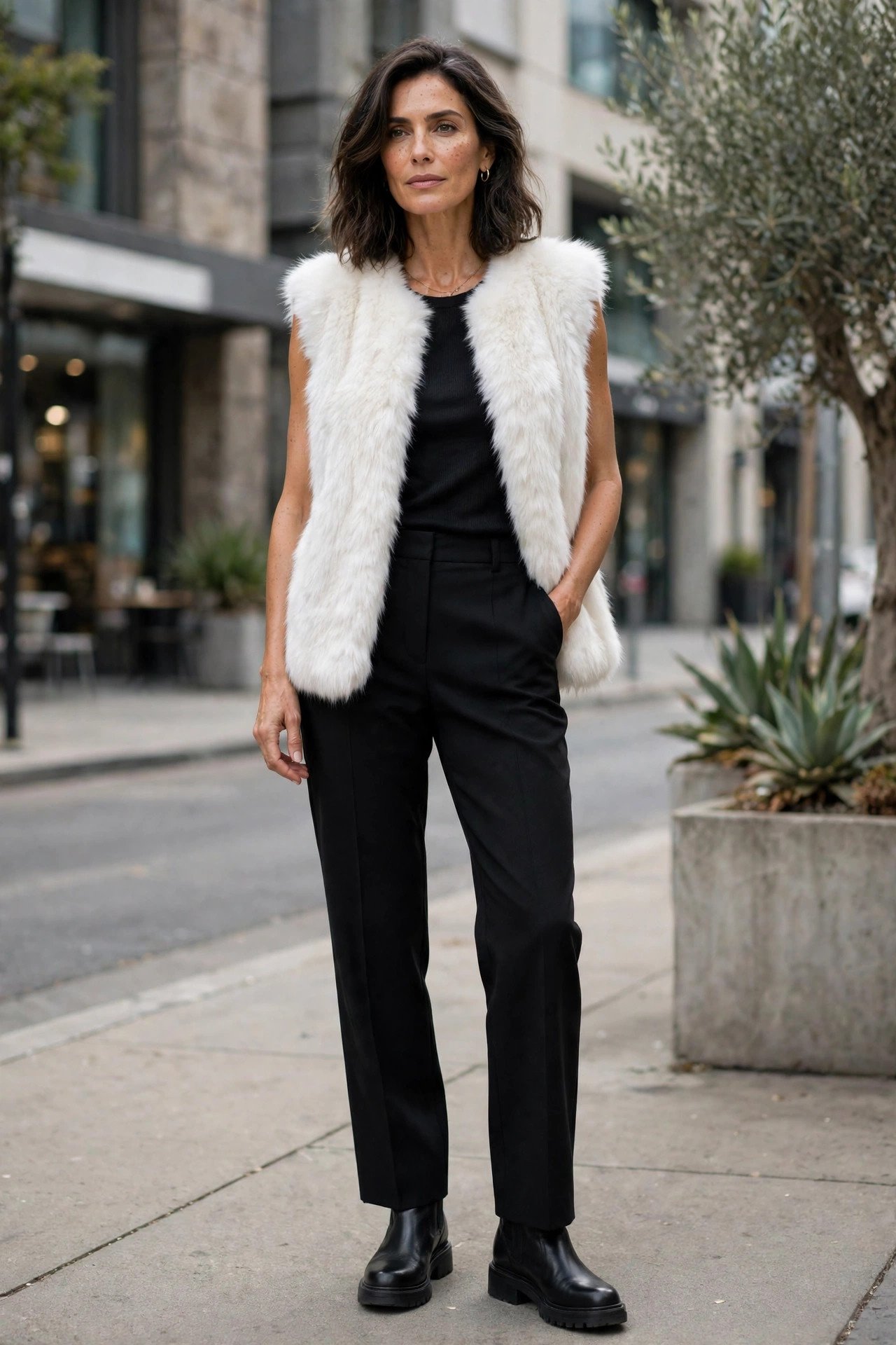 Woman in white sleeveless fur coat