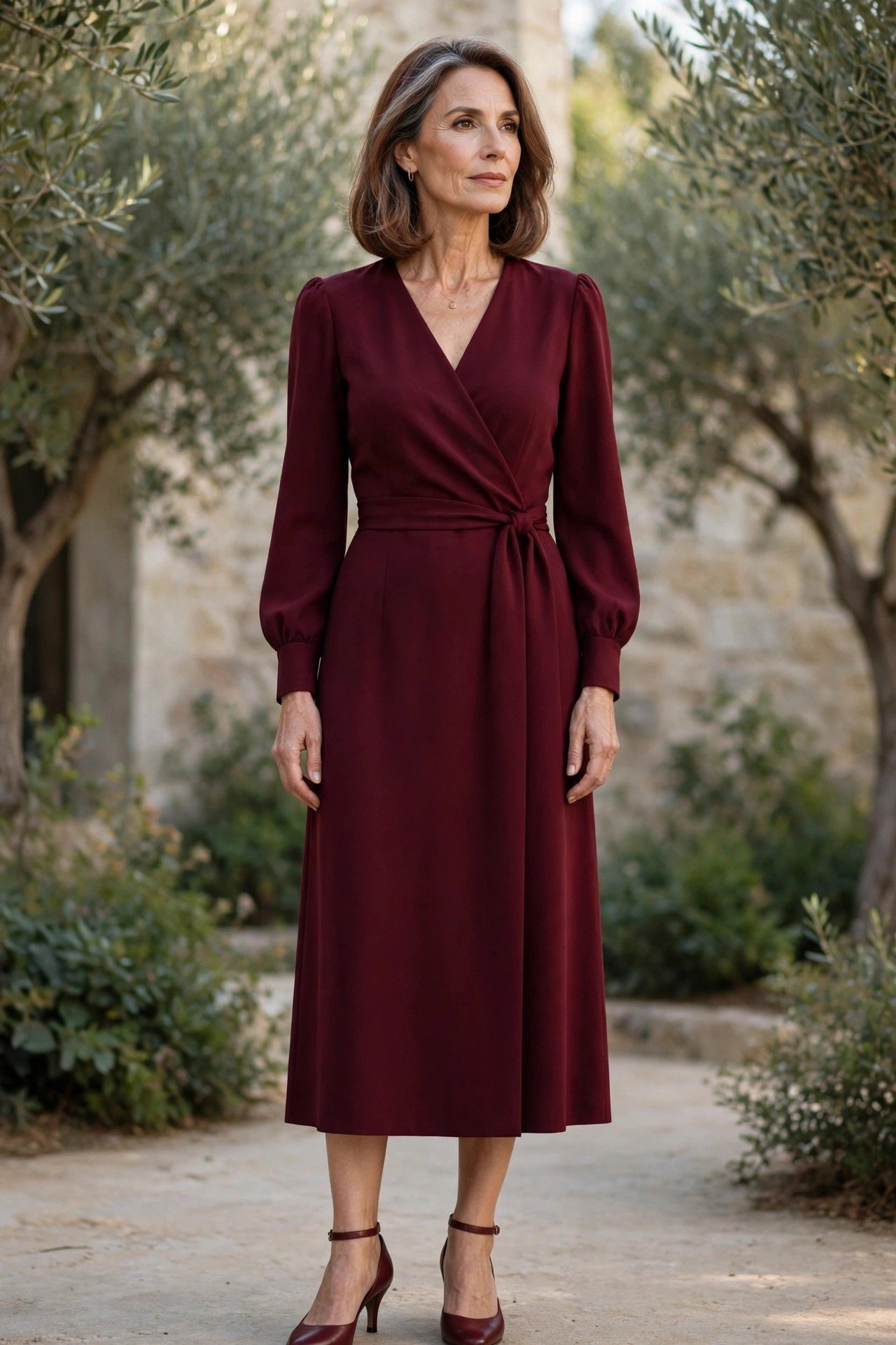 Woman in a pink long-sleeved midi dress