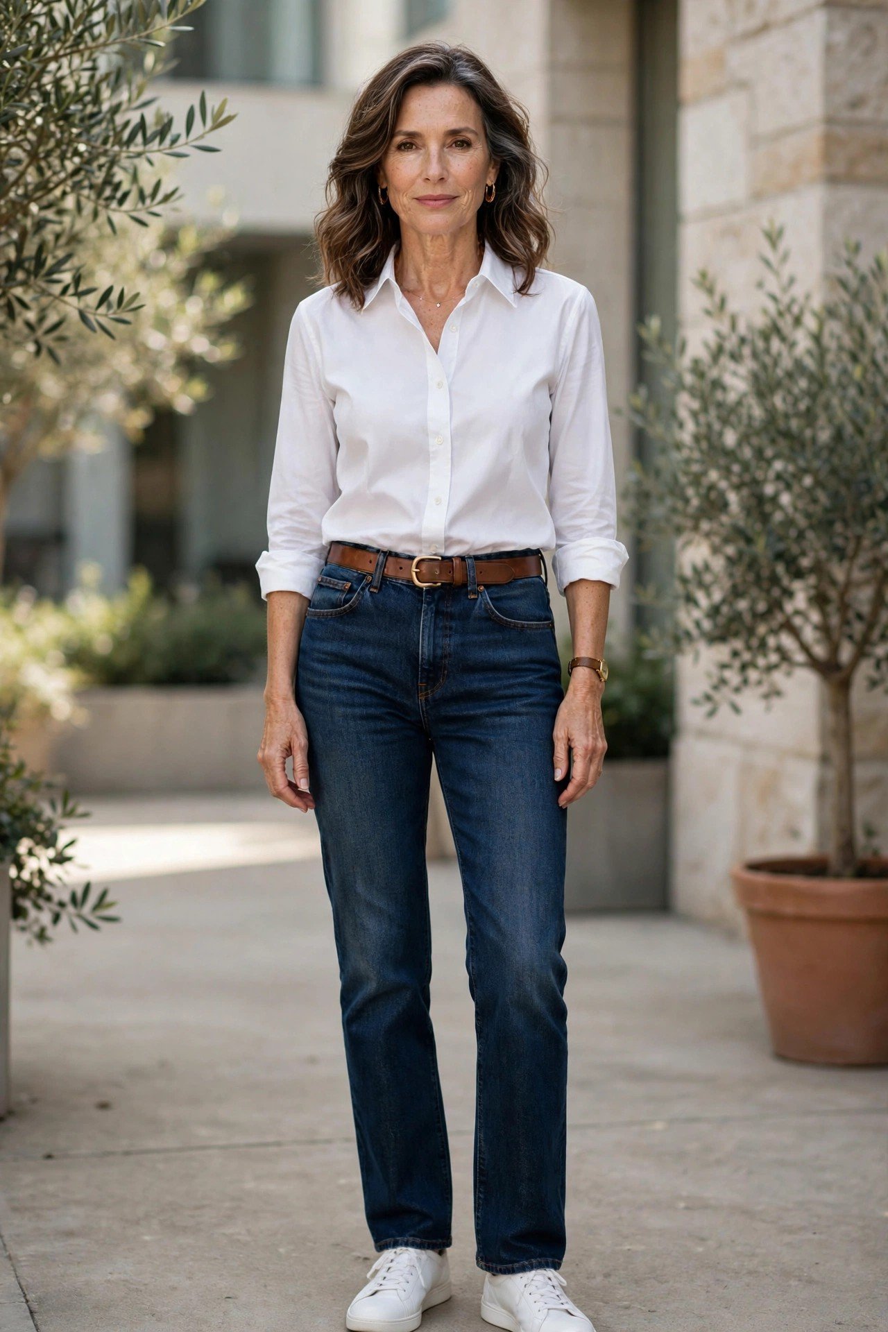 Stylish woman in blue jeans and white shirt leaning on a wall
