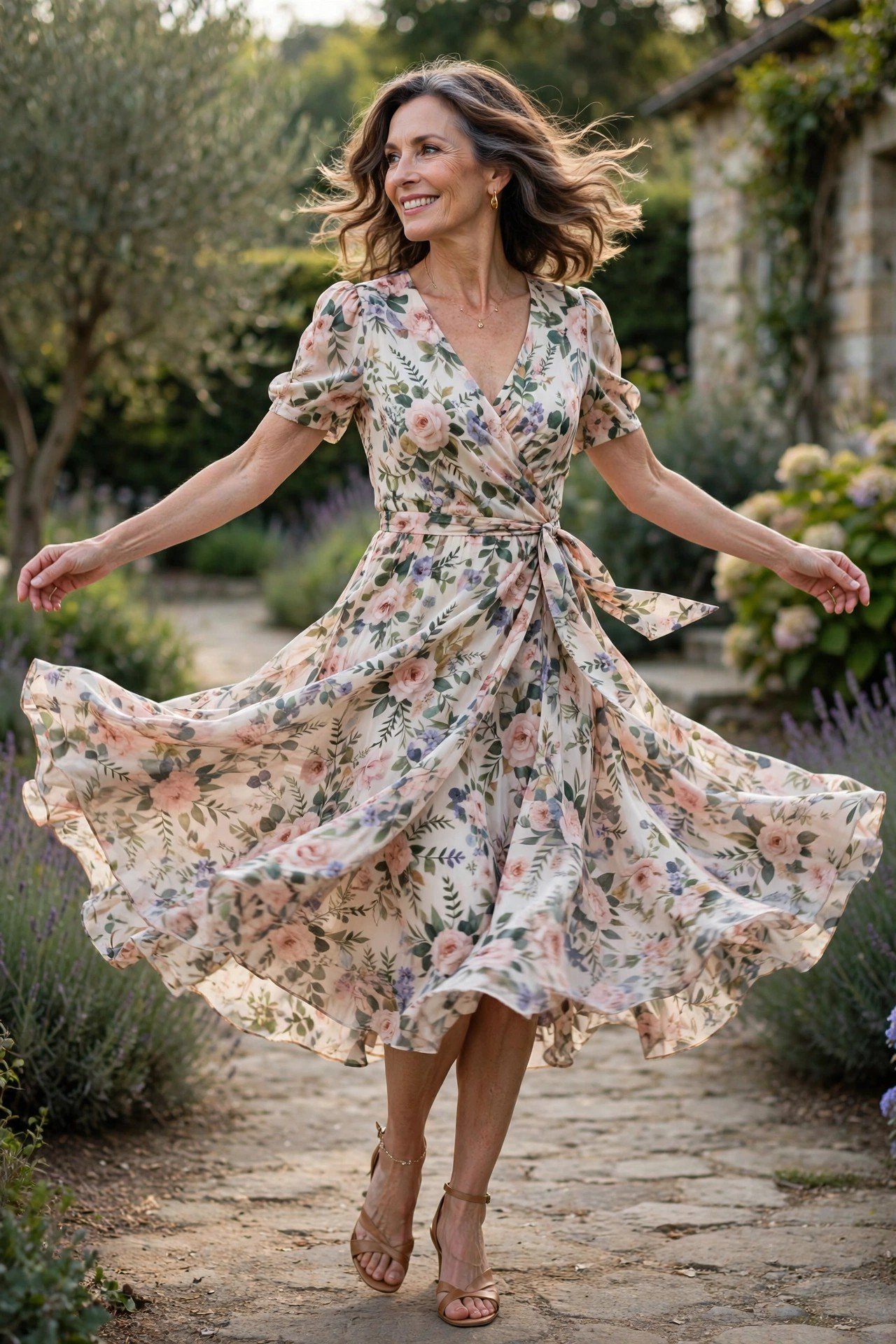 Woman in a colorful floral midi dress posing in an urban setting