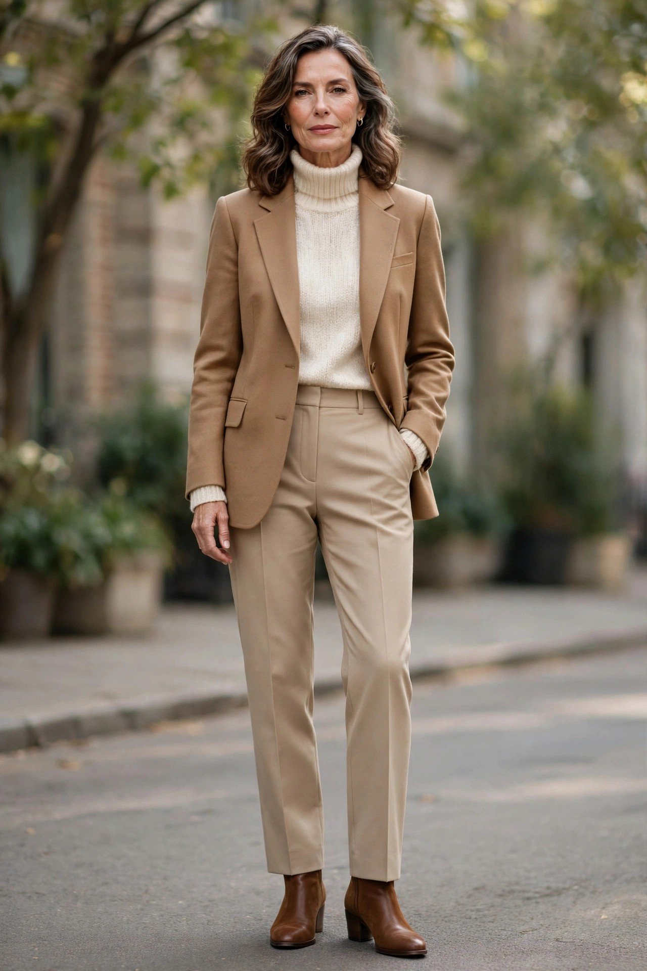 Woman in a white turtleneck sweater with city skyline