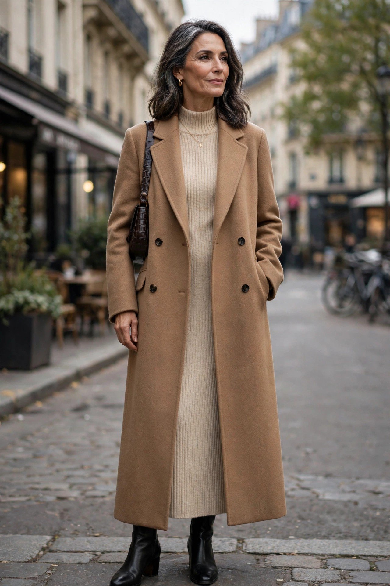 Stylish woman in a wool coat and hat with suitcase