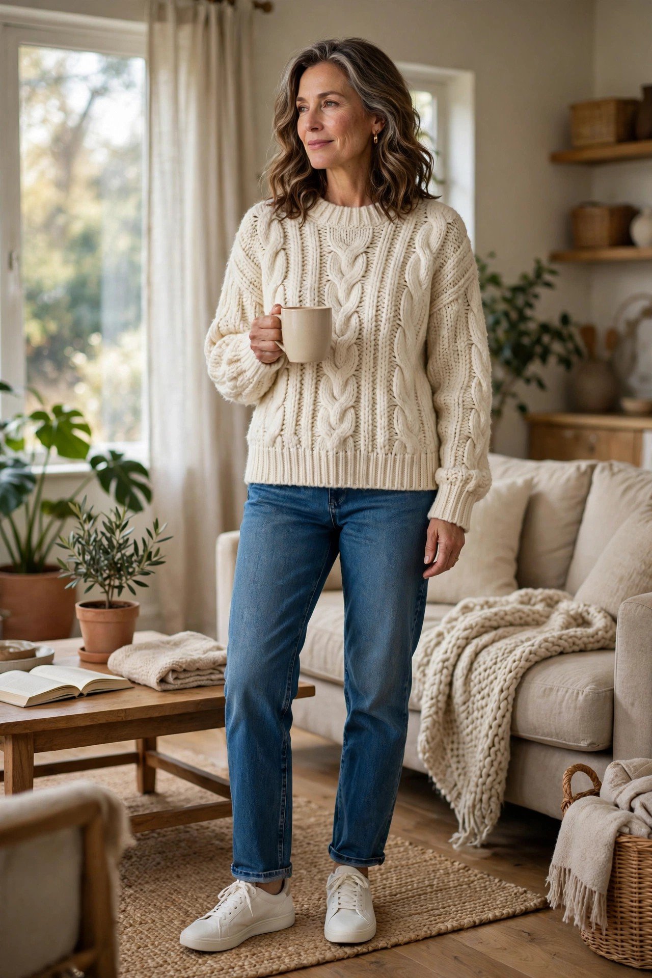 Woman in a cozy sweater outdoors holding a warm drink