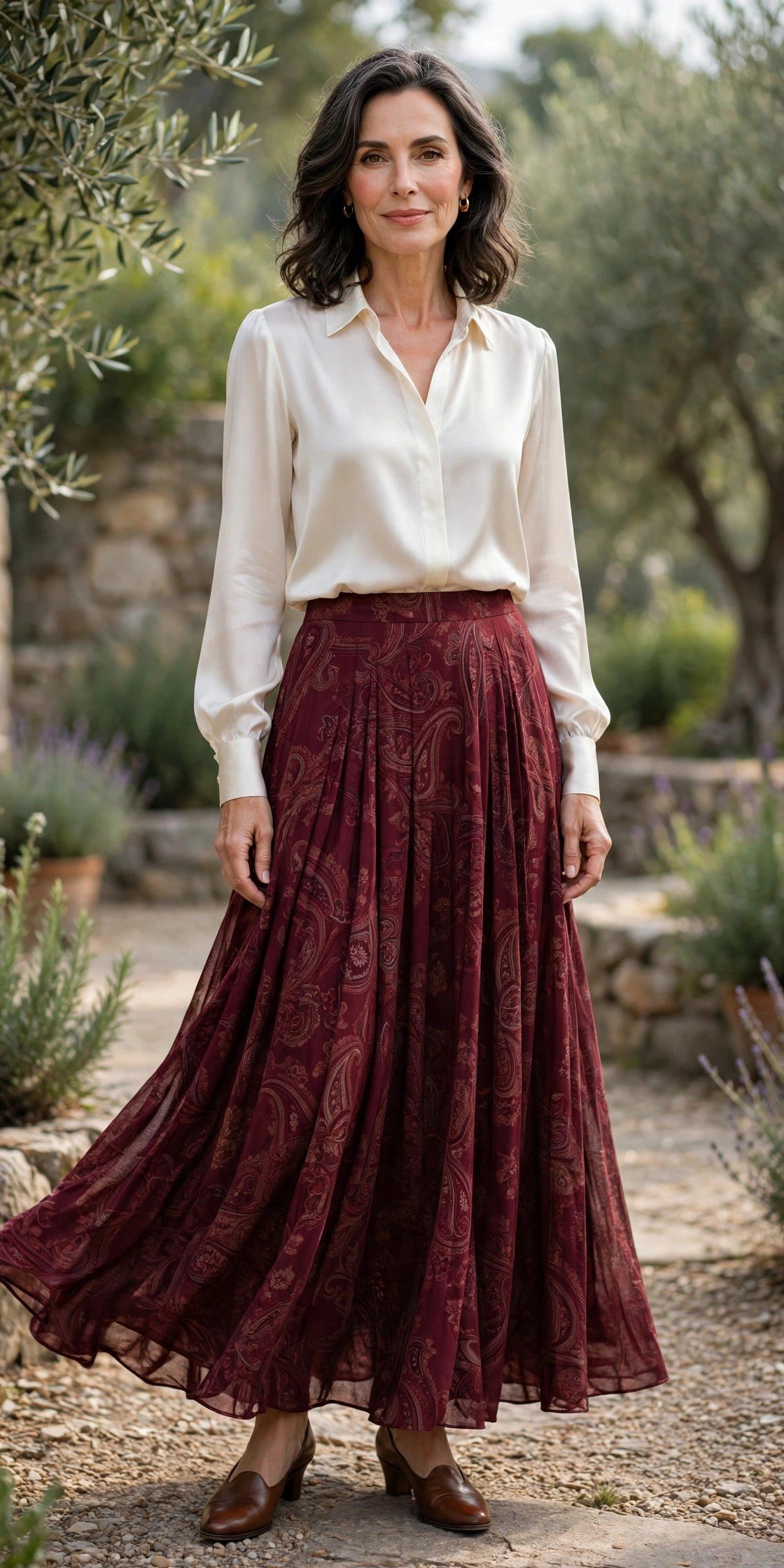 Stylish woman in a chic skirt and blouse indoors