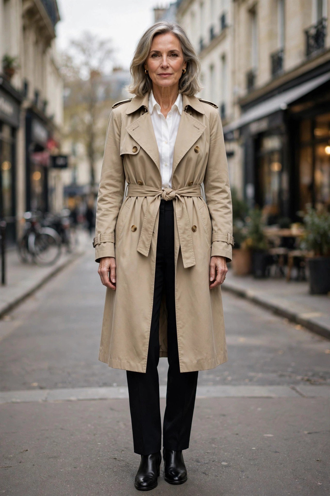 Rear view of a woman in a beige trench coat
