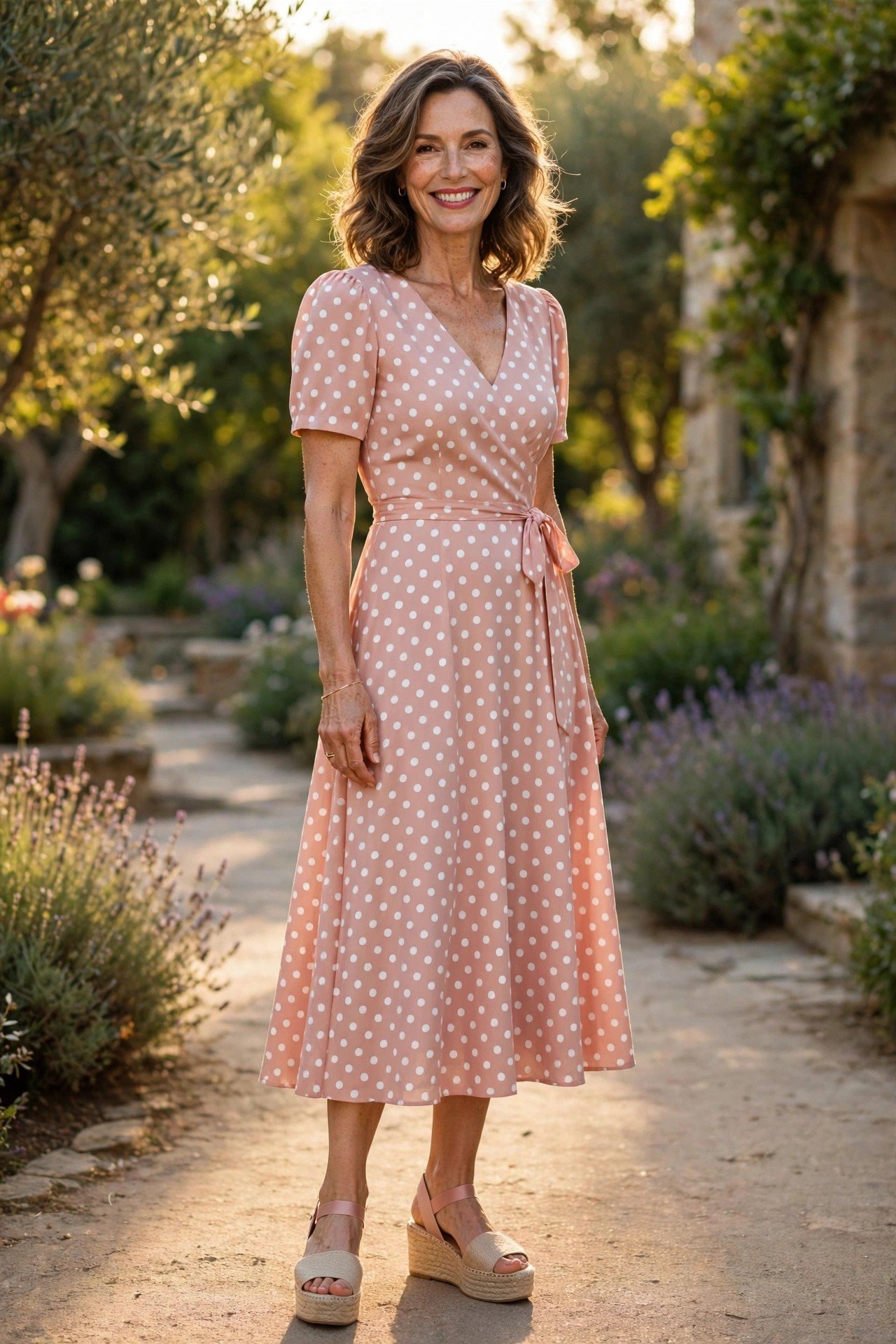 Woman in a polka dot summer dress with arms raised at sunset