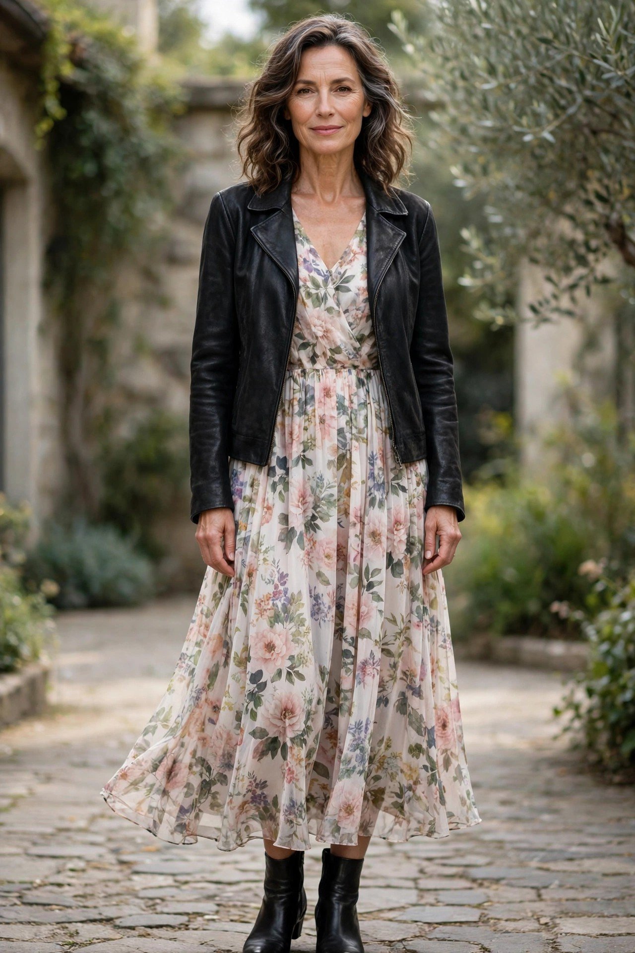 Elegant grey-haired woman in a black leather jacket holding flowers