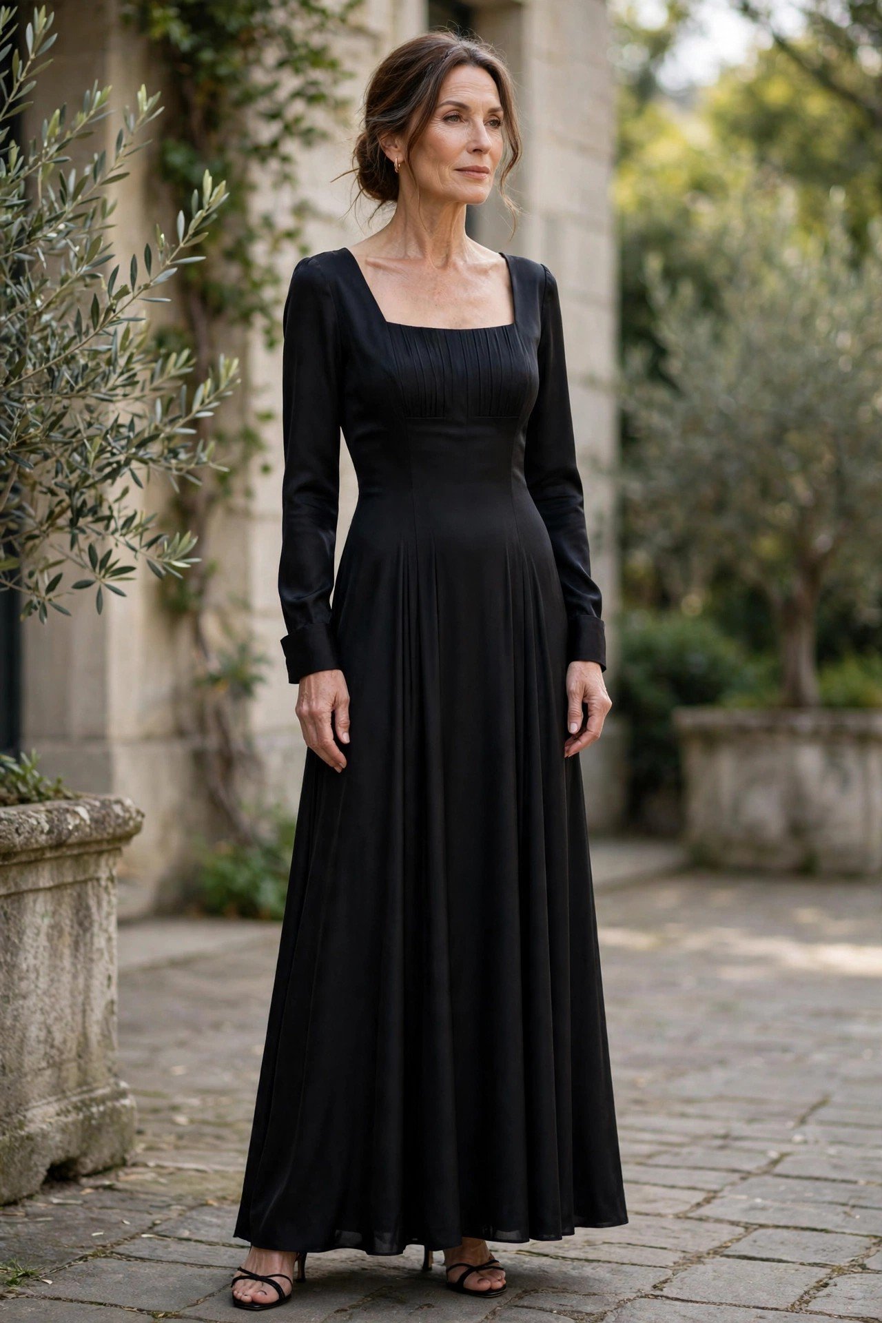 Woman in a black dress by the sea at sunset