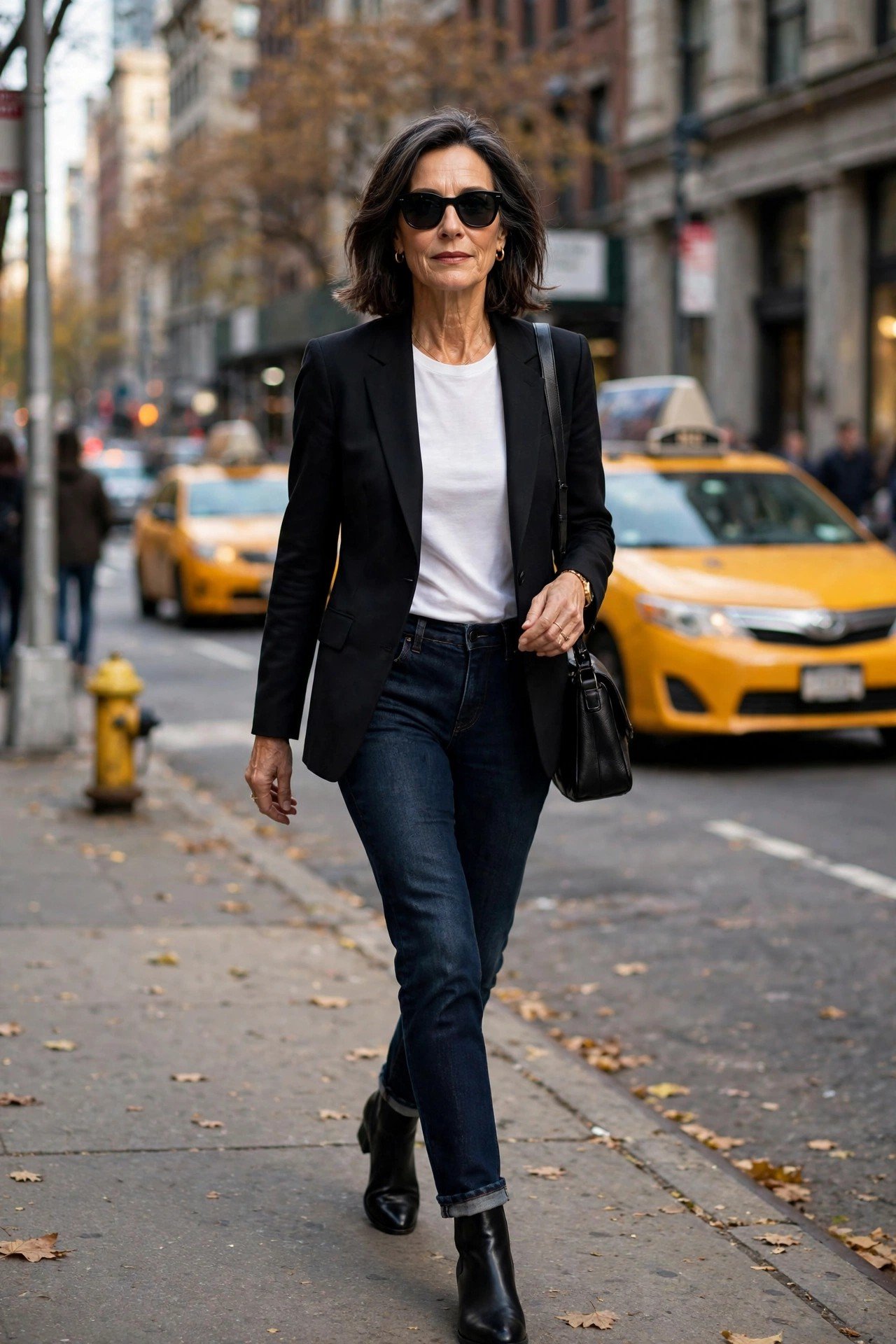 Fashionable grey-haired woman in chic street style outfit in New York City