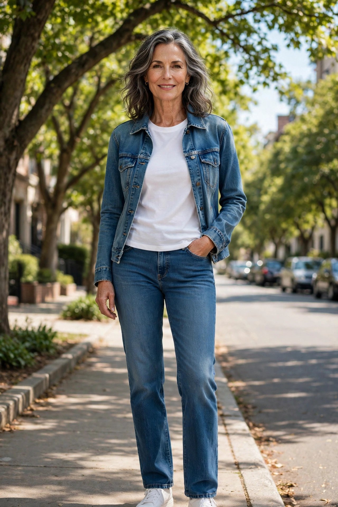 Model in a denim jacket and jeans