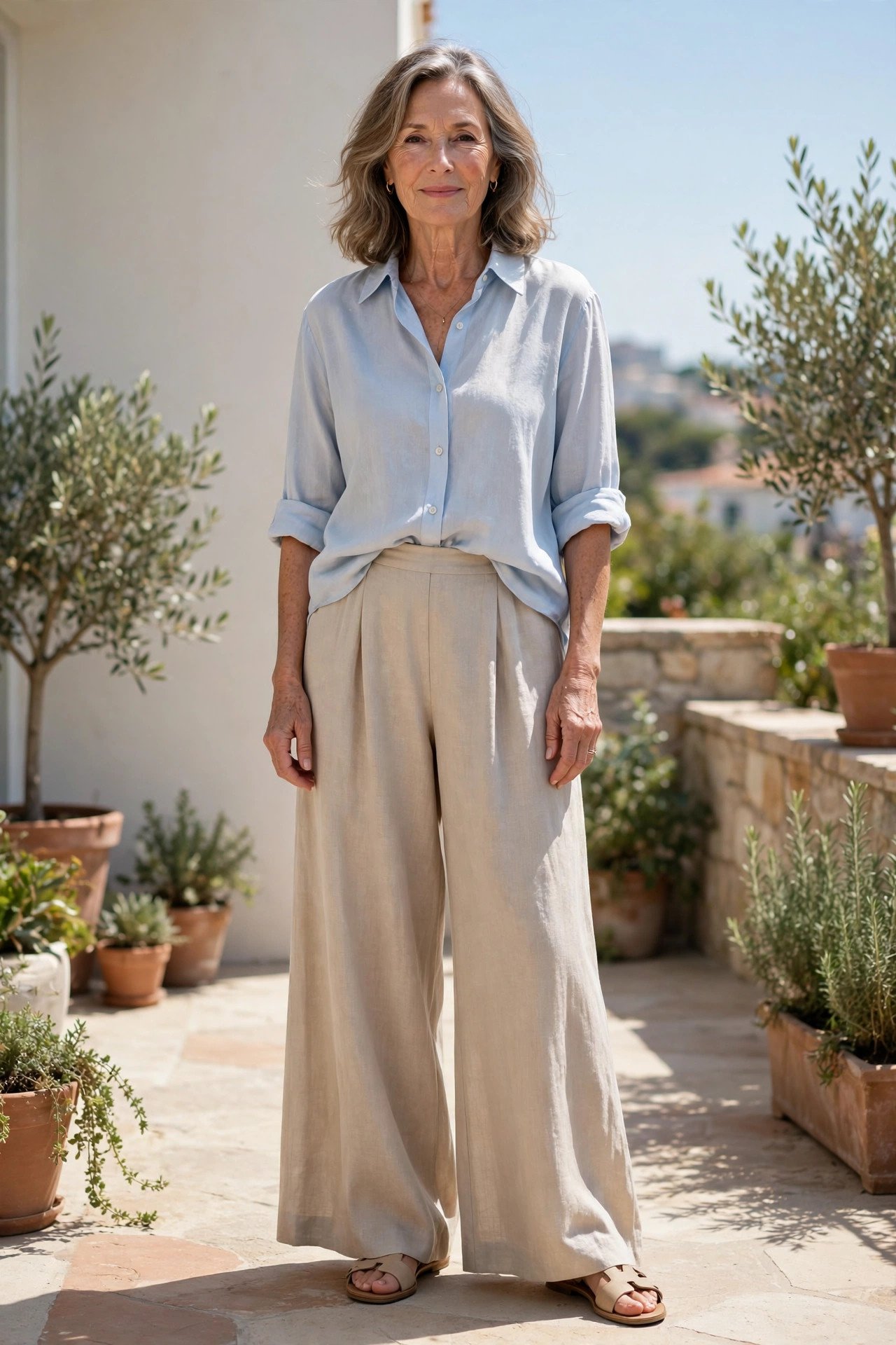Woman in a white top and relaxed trousers