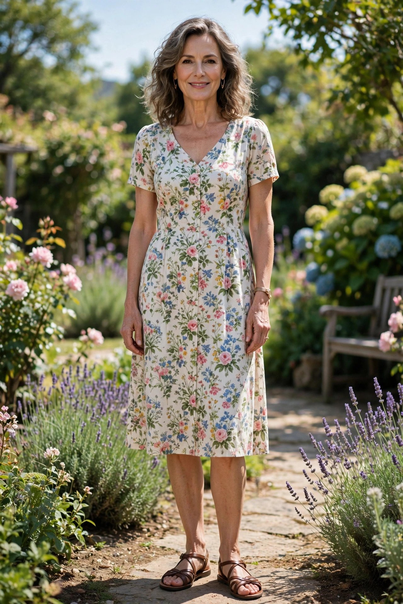 Woman in a floral sundress and bucket hat by the sea