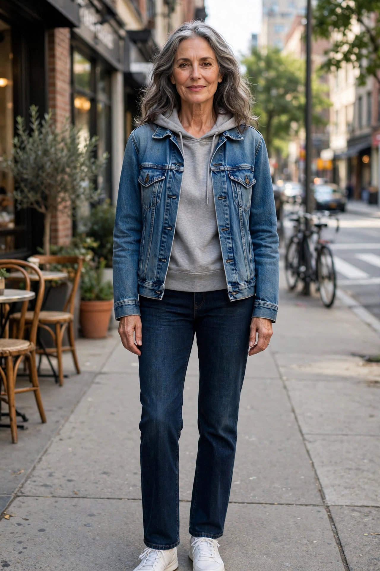 Confident woman in denim jacket and orange hoodie in the city