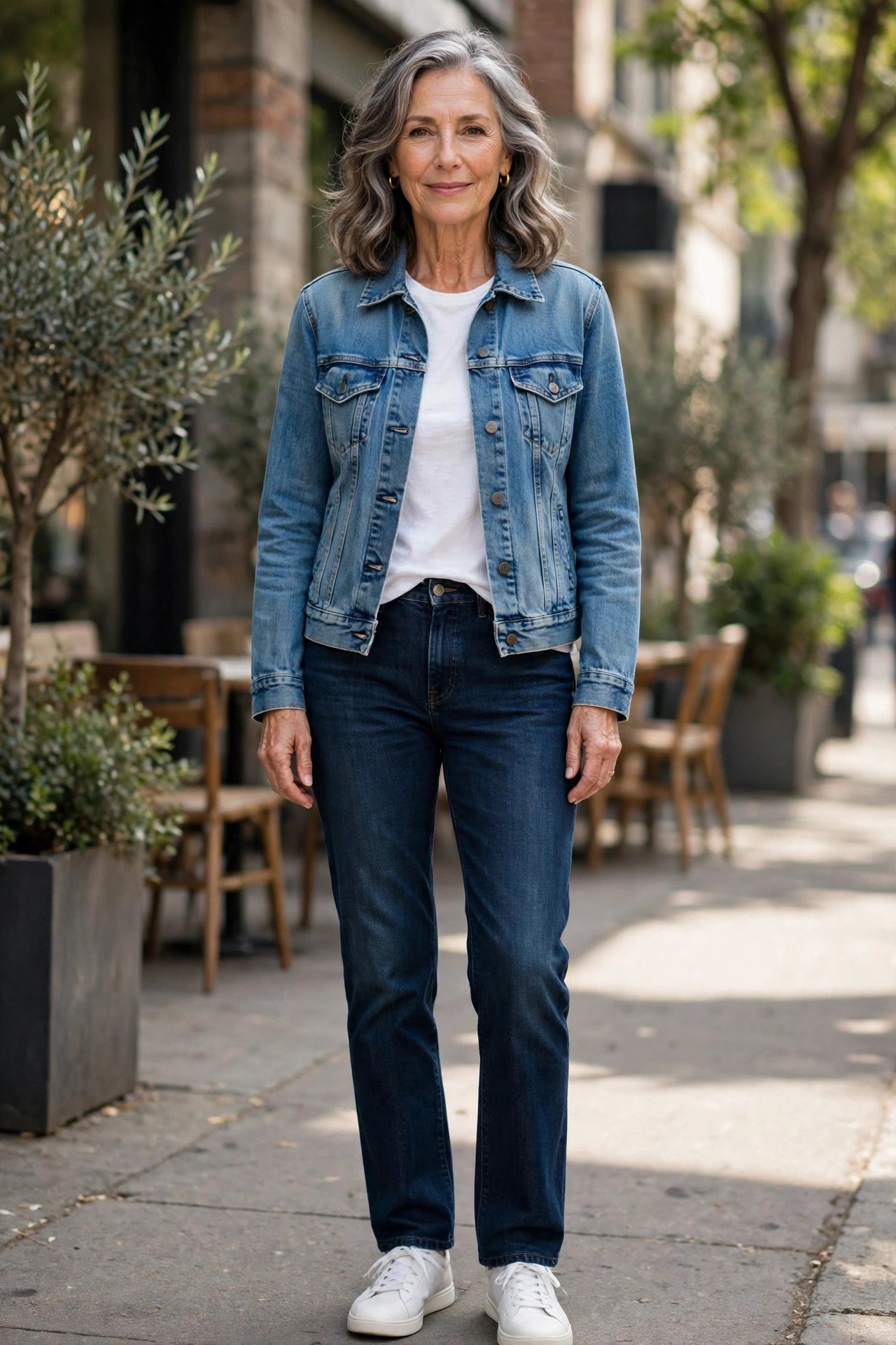 Stylish woman with curly hair in a denim jacket