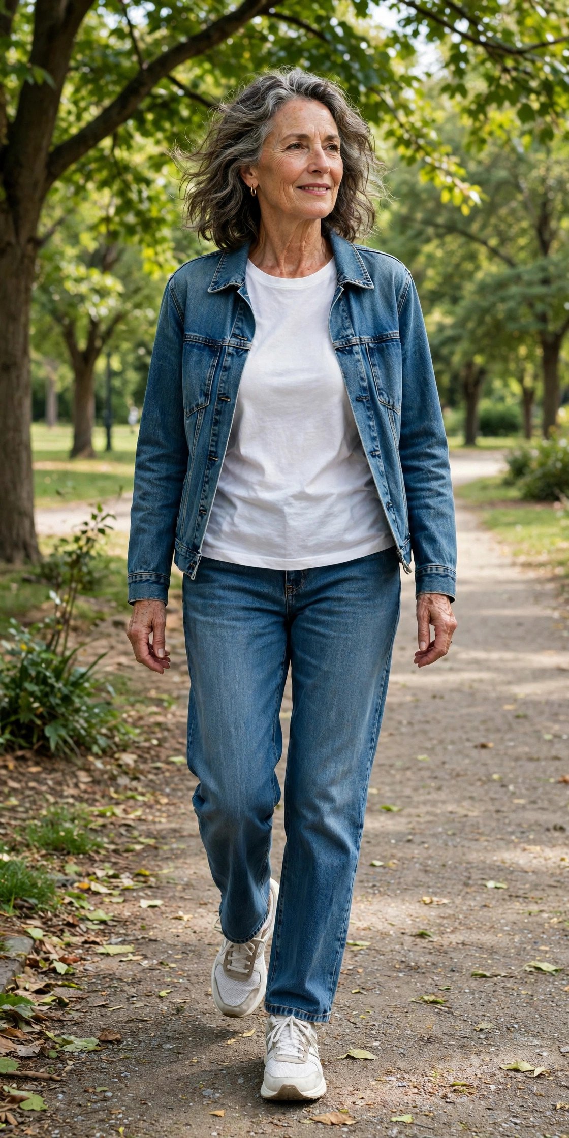 Young woman in denim jacket and jeans waving in a park