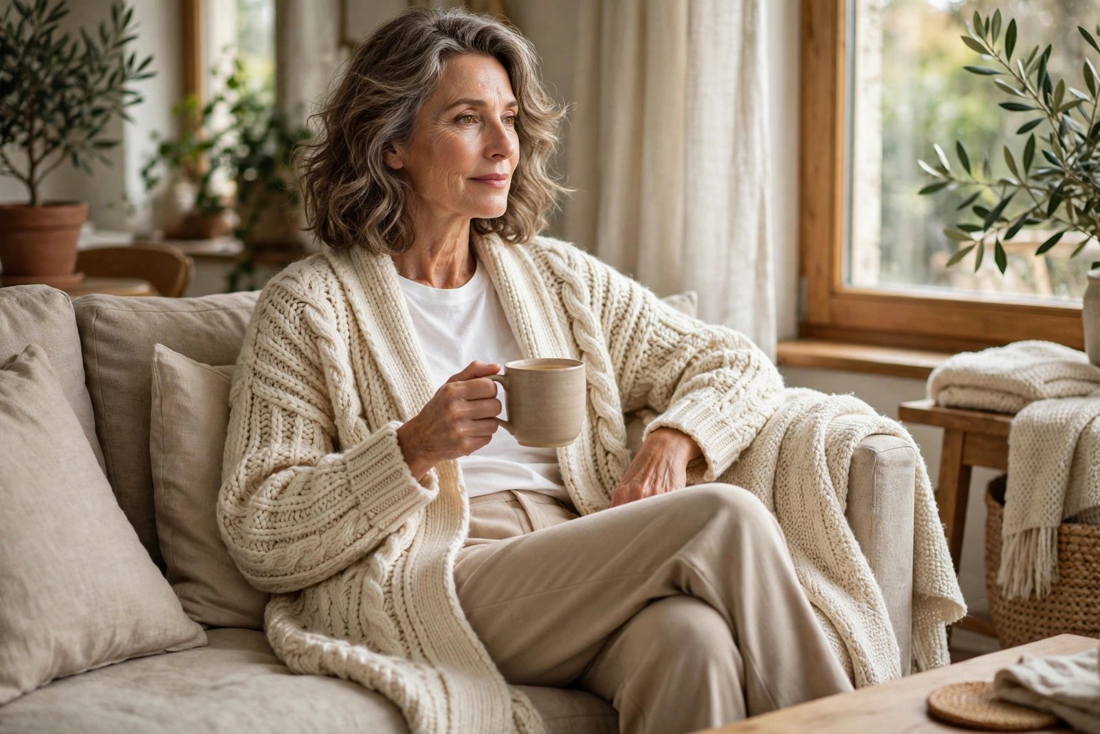 Woman in a beige knit cardigan