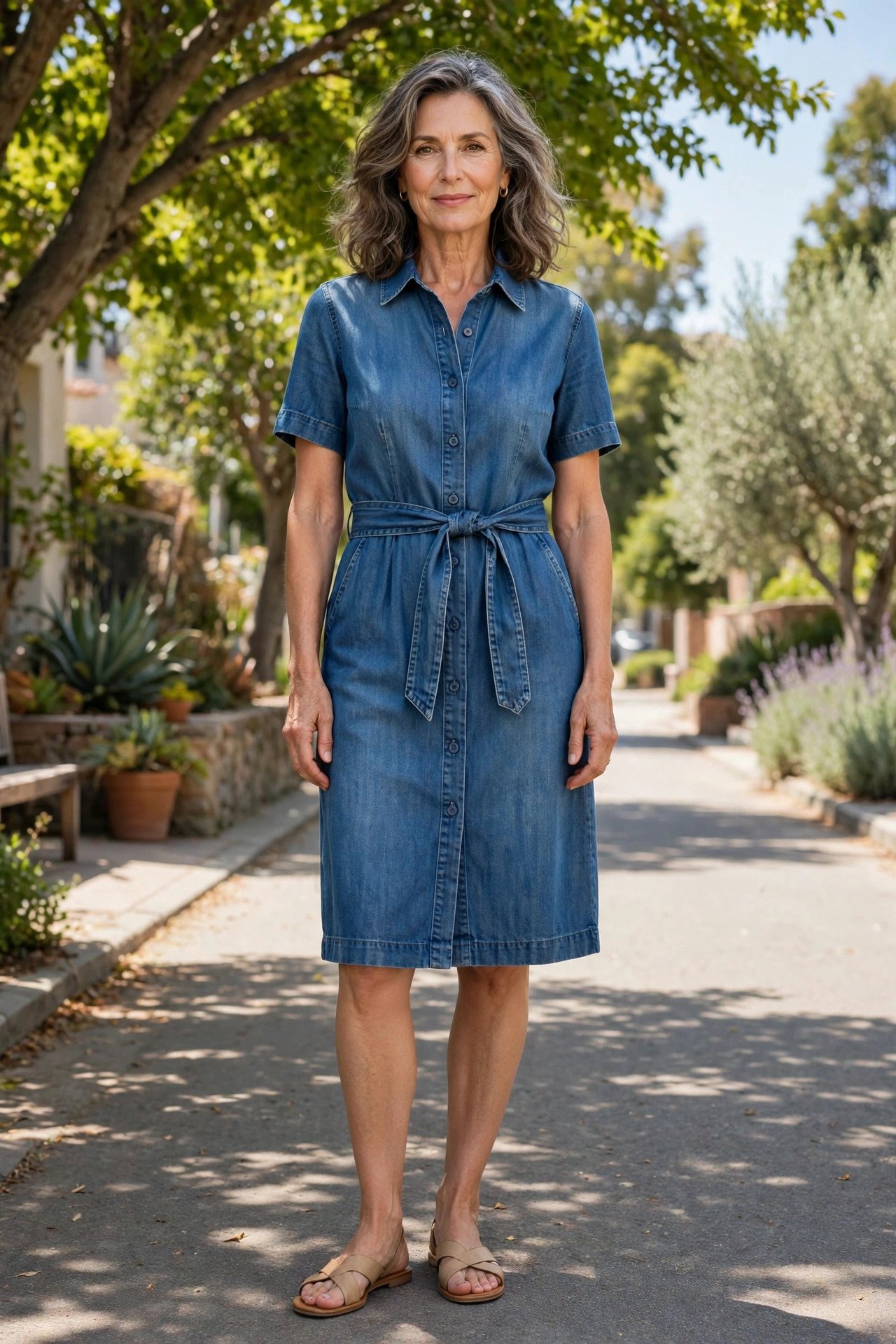 Elegant woman in a blue denim dress indoors
