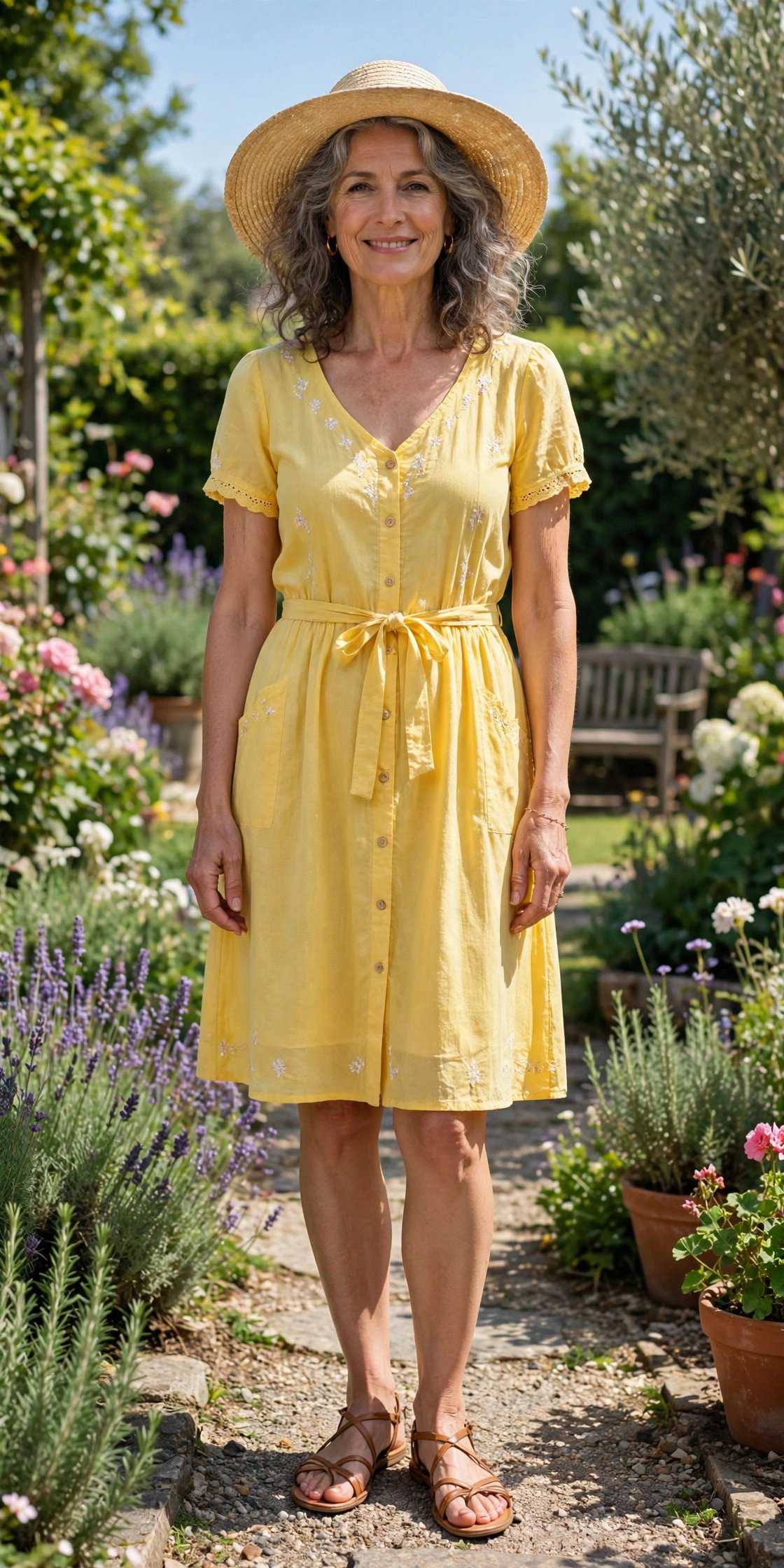 Woman in a yellow sundress by the swimming pool