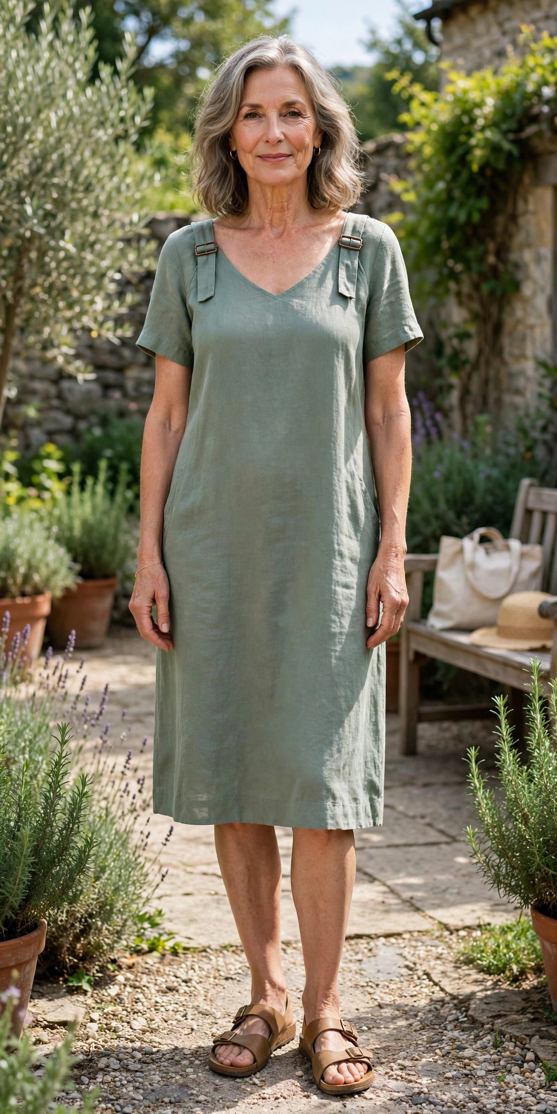 Woman in a strapped summer dress in a sunlit garden