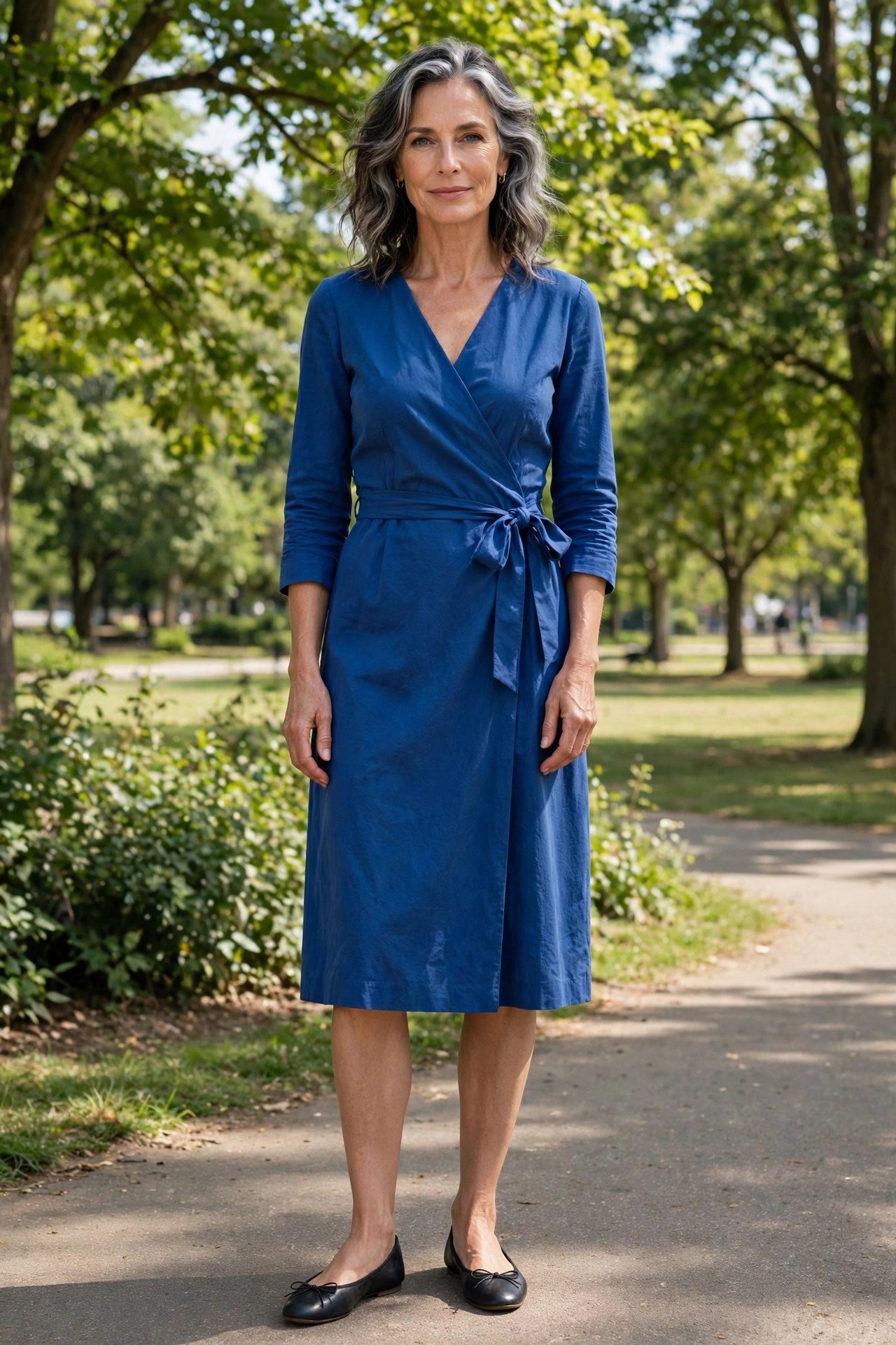 Woman in a blue dress in a sunny park