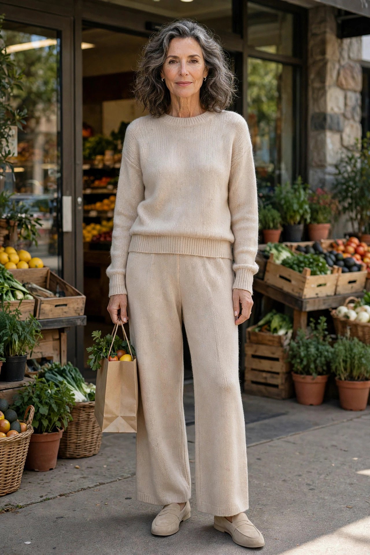 Mature woman in casual knit clothes at home