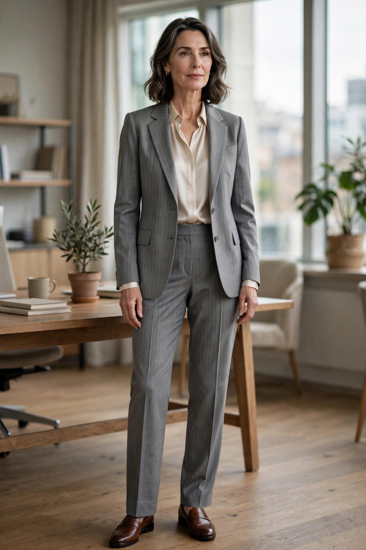 Confident woman in a white pinstripe suit