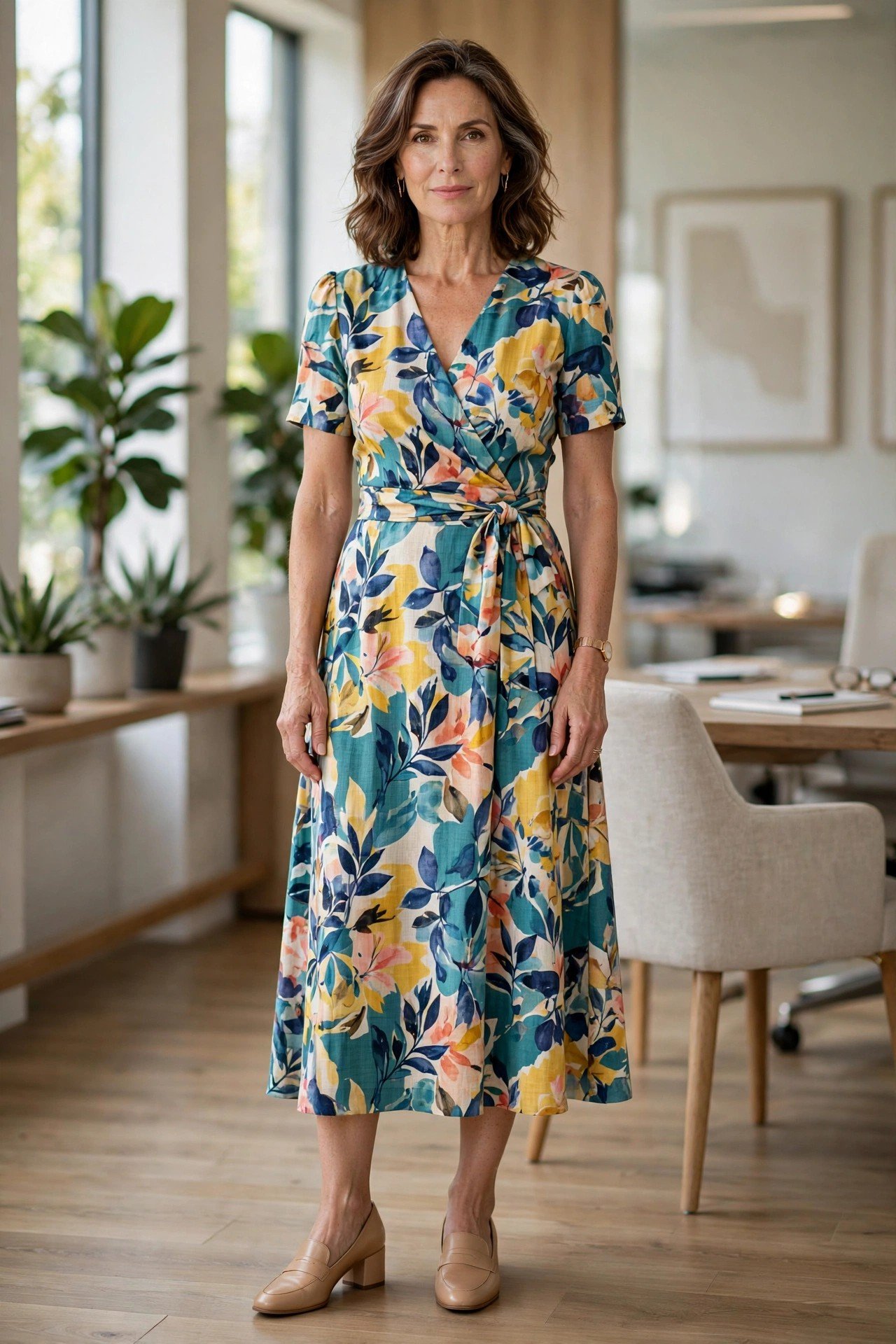 Elegant woman in a patterned dress by a hedge