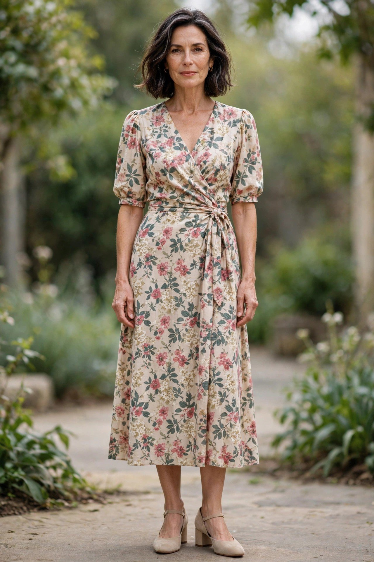 Woman in a white and red floral midi dress walking