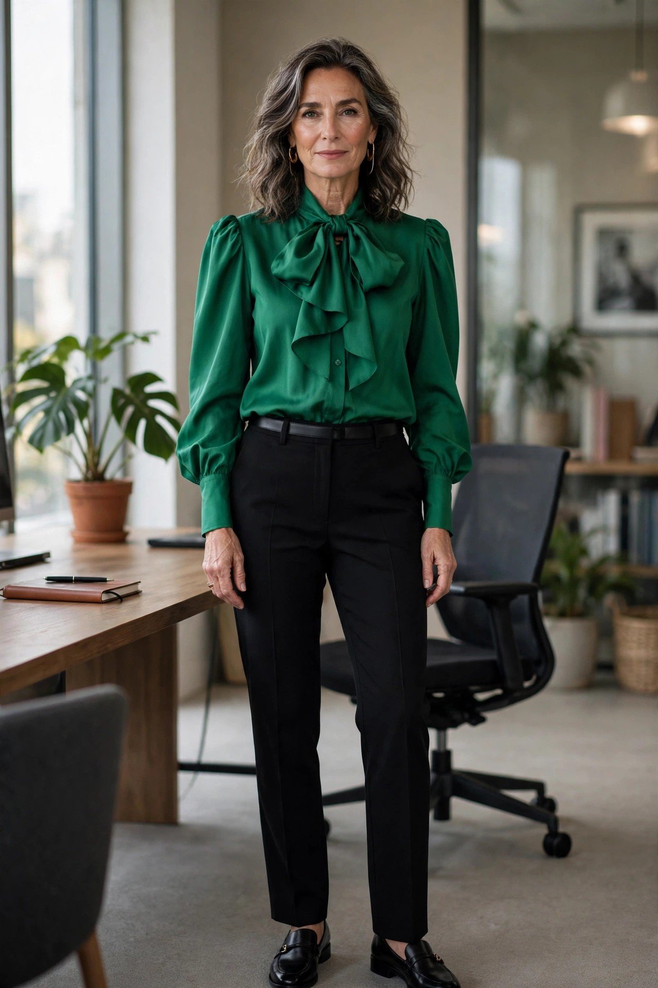Woman in a blue blouse and multicolored skirt