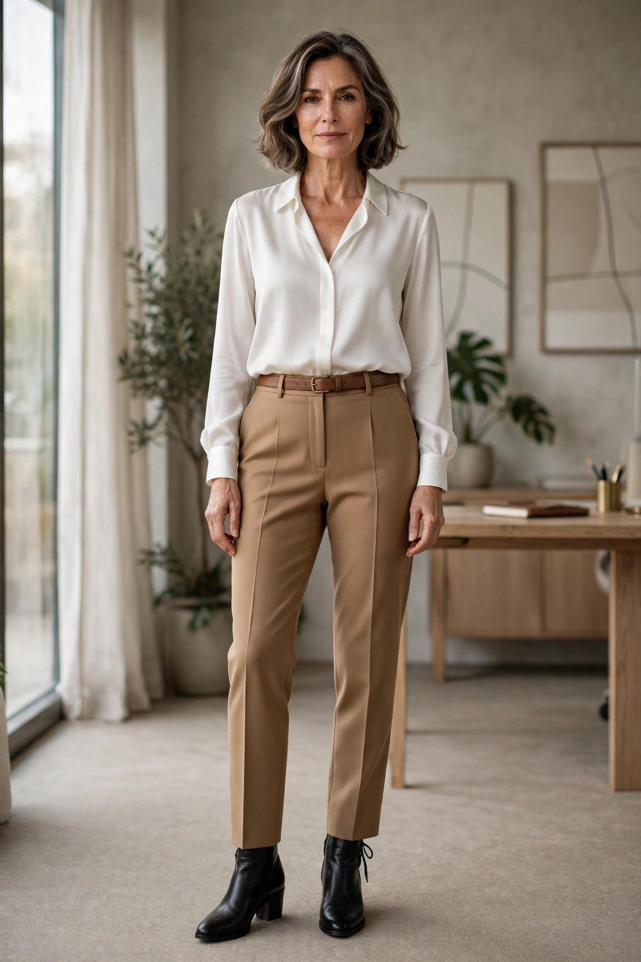 Woman in a suit and ankle boots in black and white