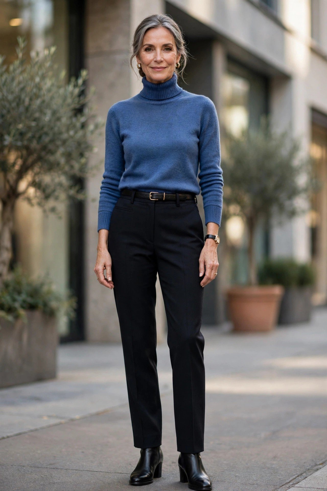 Portrait of a woman in a blue turtleneck