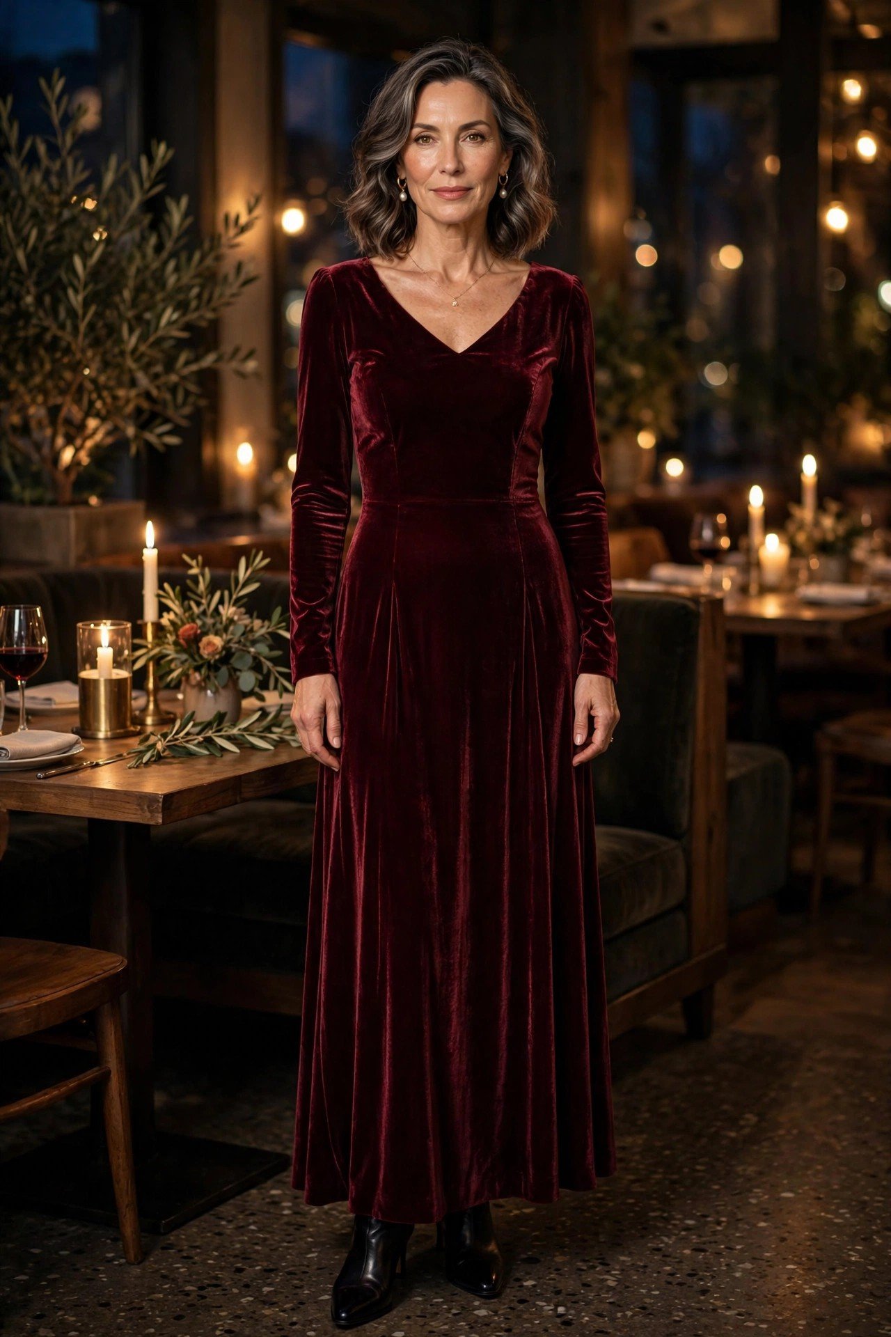 Elegant woman in a red velvet dress in a studio