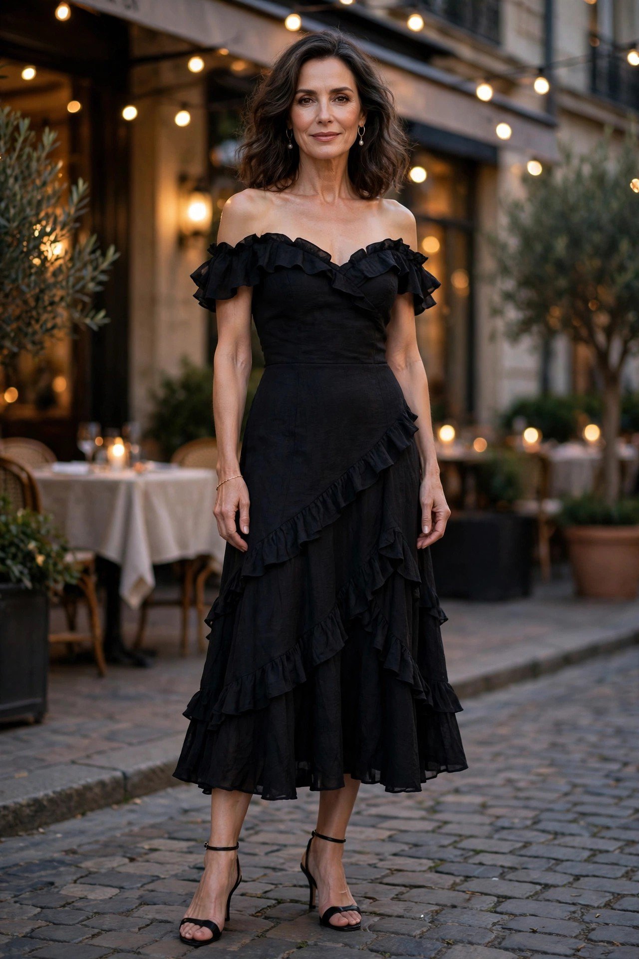 Elegant woman in a blue velvet off-shoulder dress