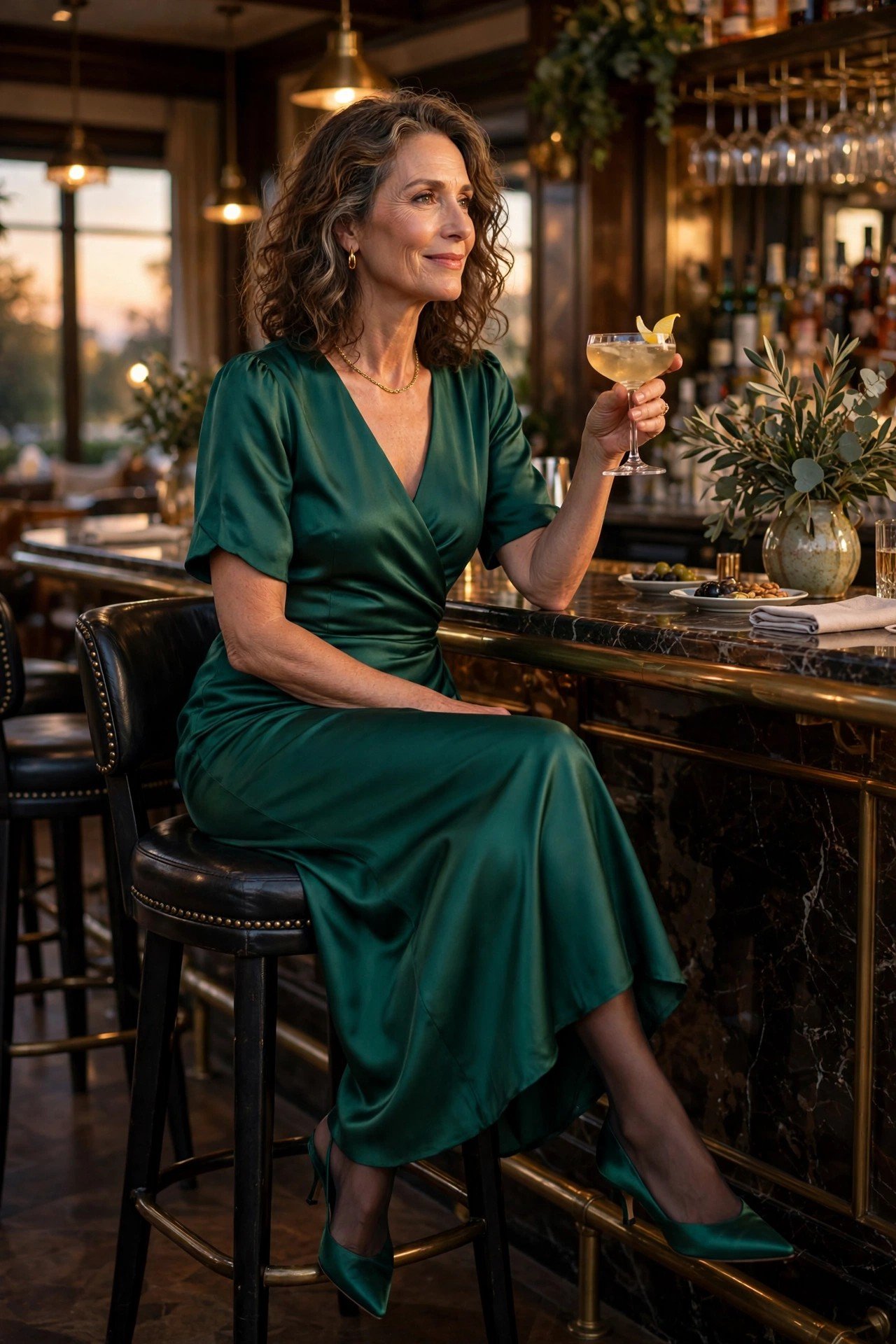 Woman in a black evening dress at a bar with wine