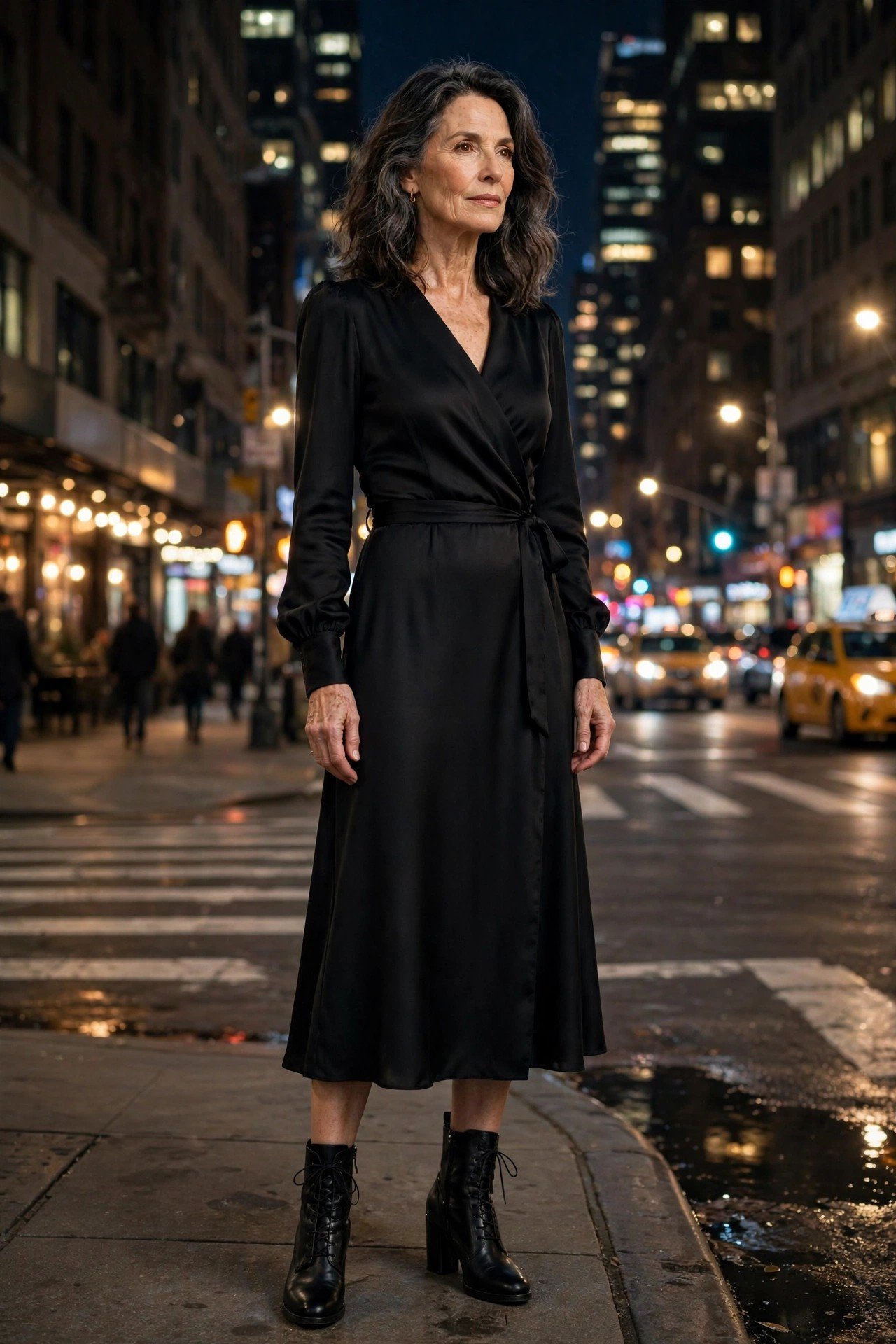 Stylish woman in a black dress and boots in an urban setting