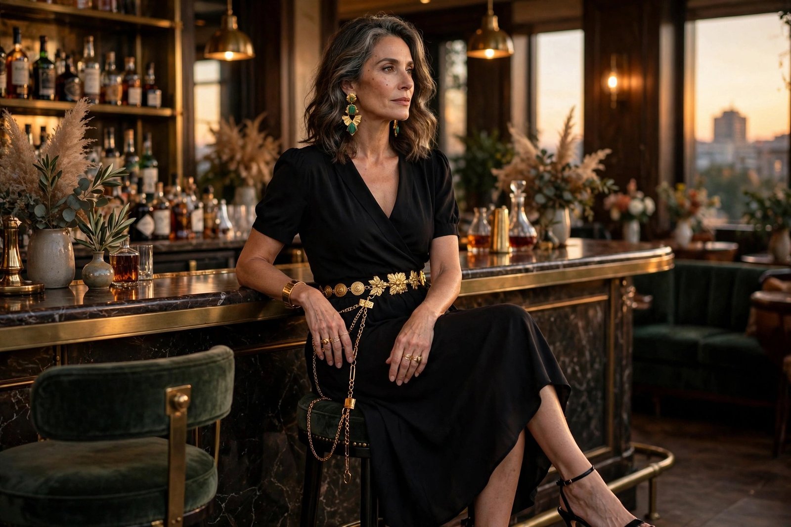 Woman in an evening dress at a luxurious bar