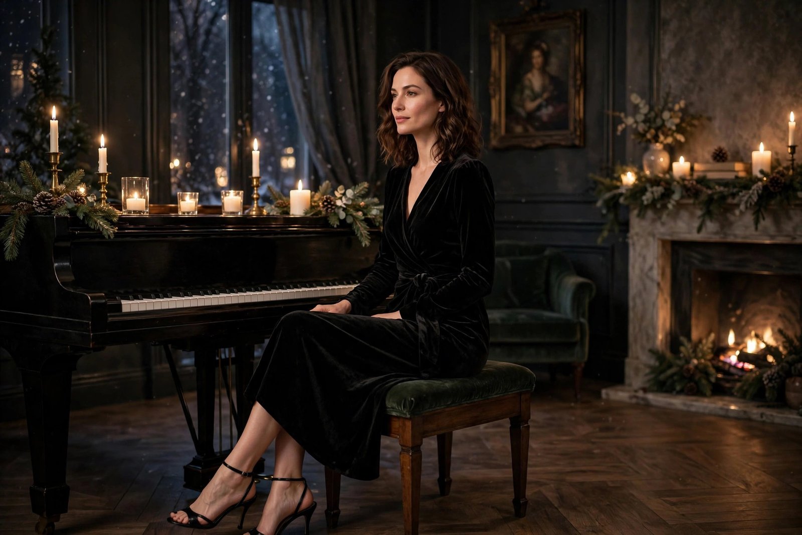 woman in black velvet wrap midi dress