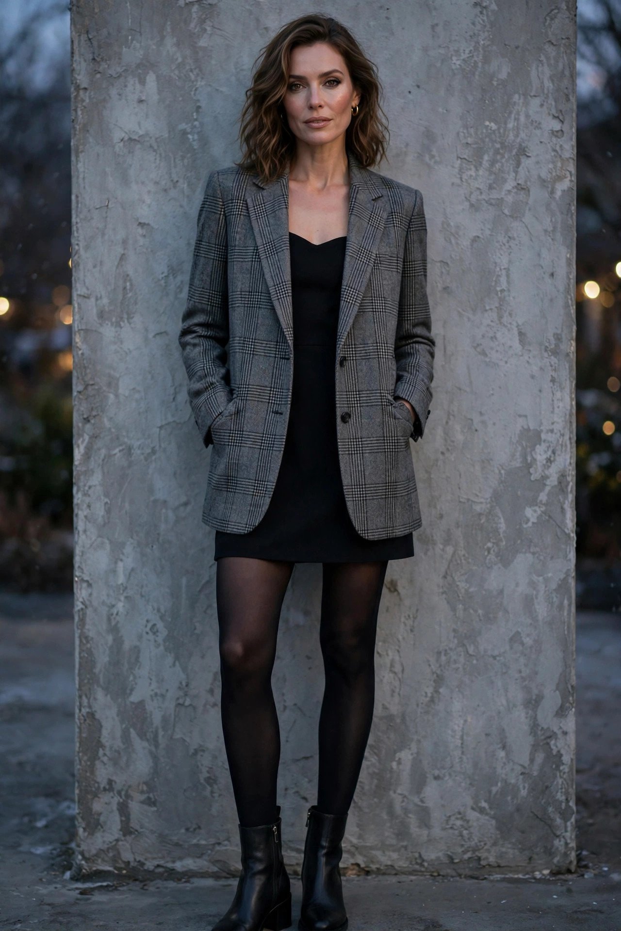 woman in plaid wool blazer over little black dress