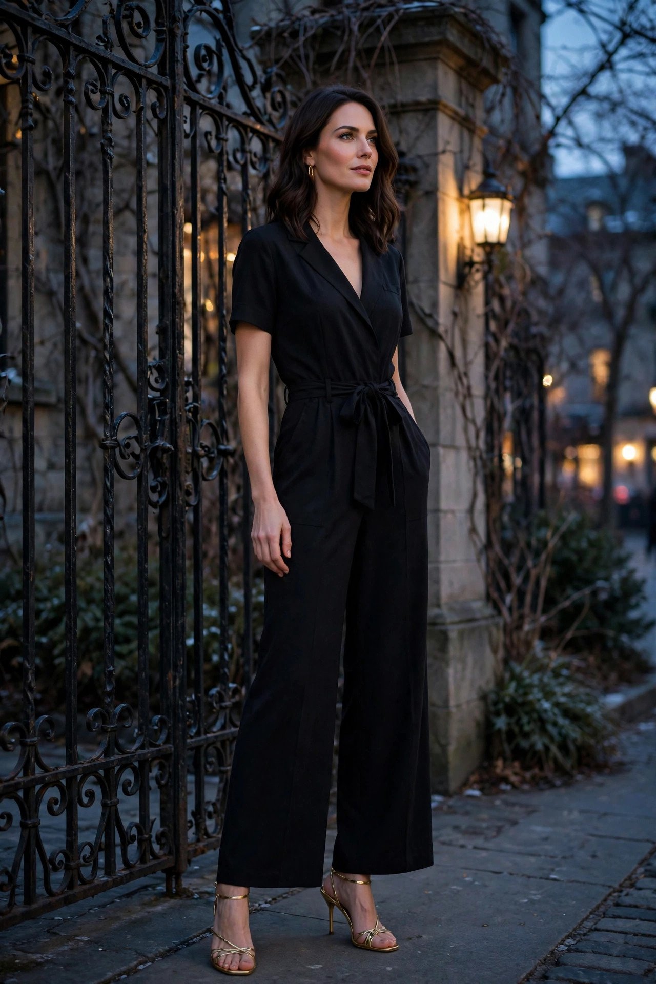 woman in black wide-leg jumpsuit with gold heels