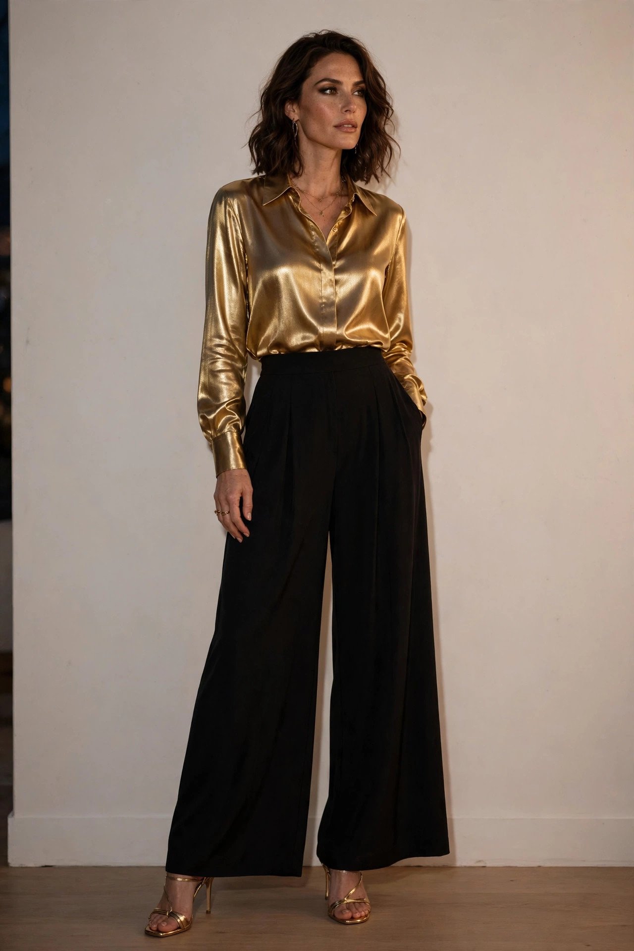 woman in gold metallic blouse and black palazzo pants