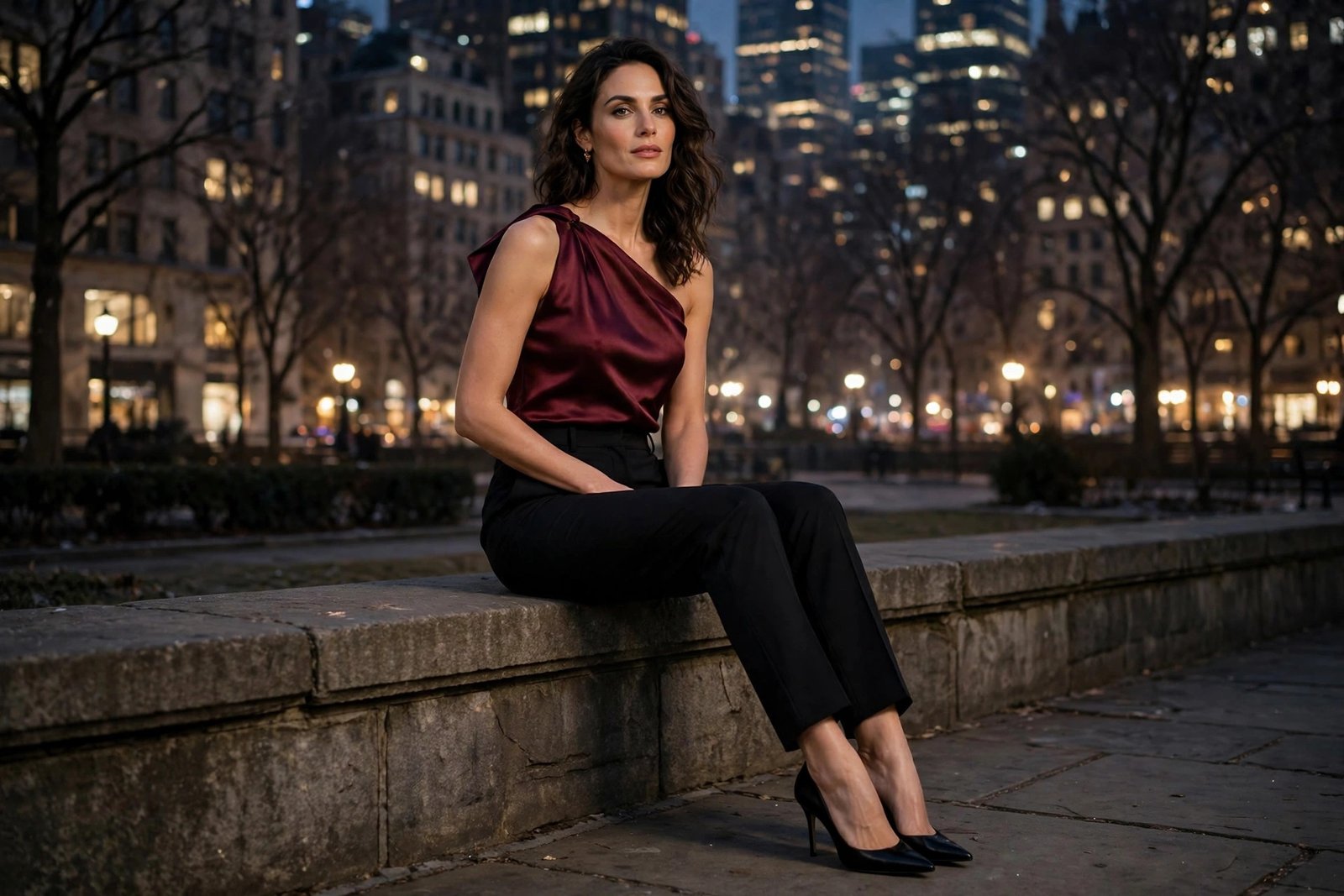 woman in one-shoulder burgundy top and black trousers