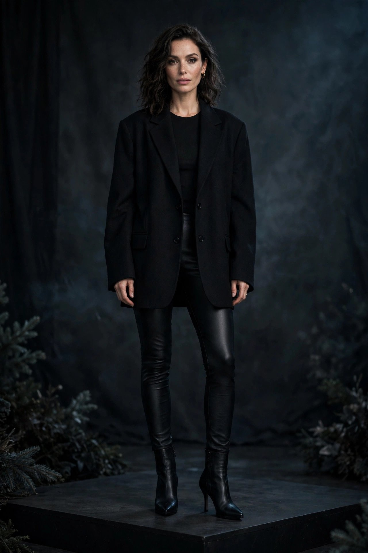 woman in faux leather leggings and oversized black blazer