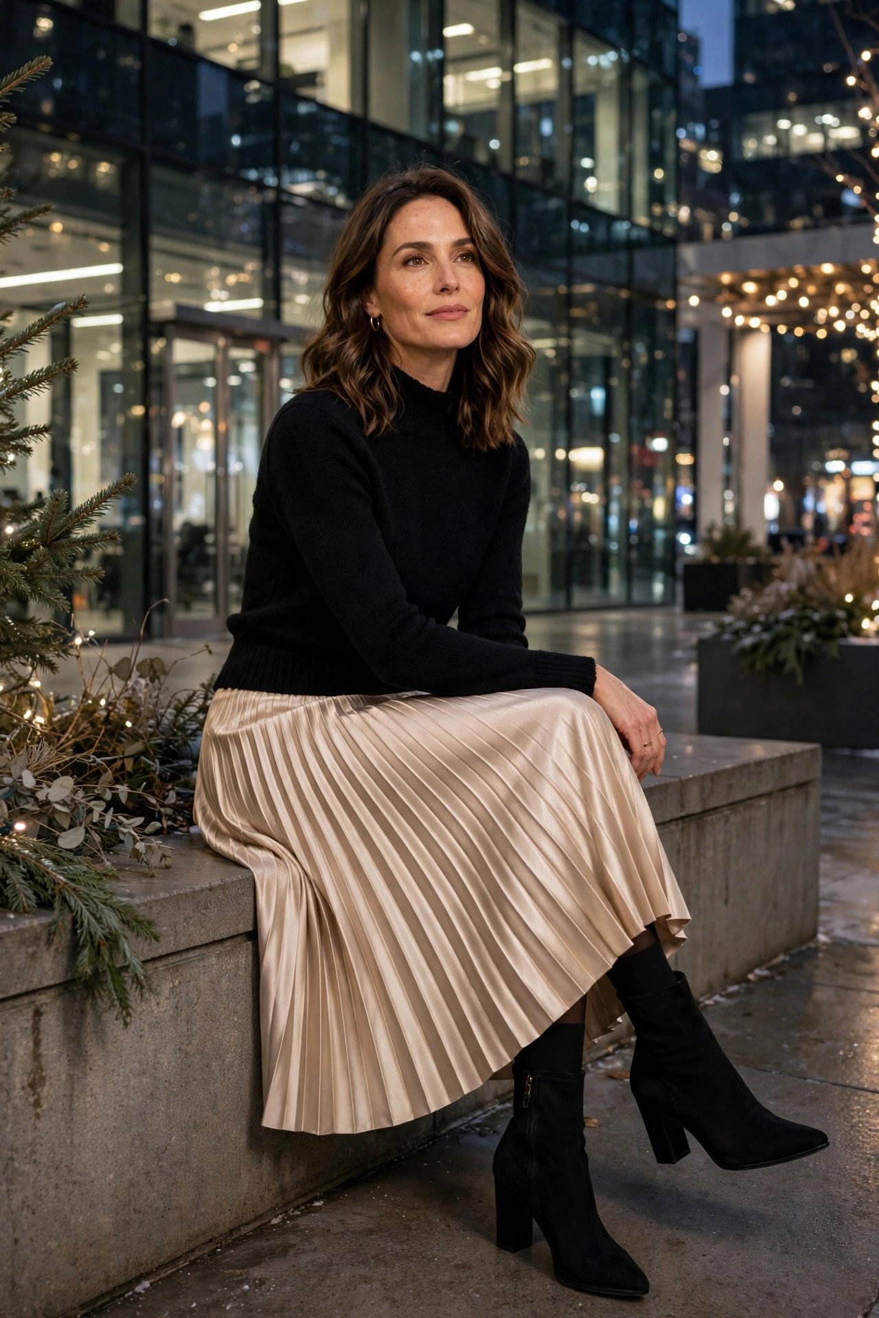 woman in champagne pleated skirt and black fitted knit