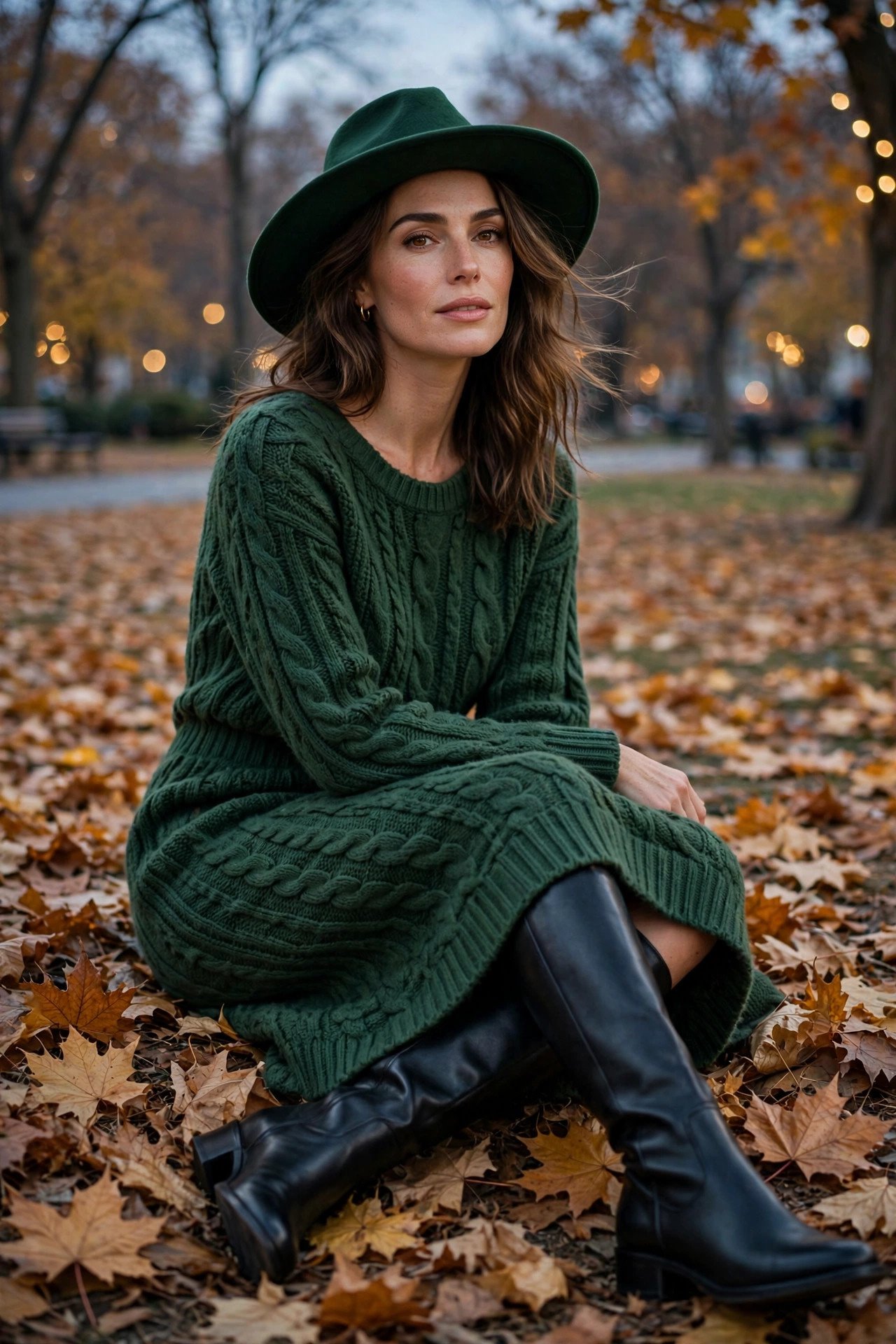 woman in forest green sweater dress and knee-high boots