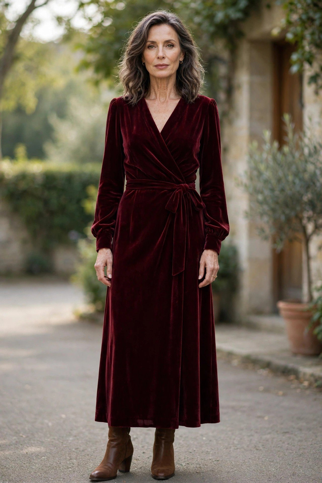 Burgundy velvet wrap dress for women over 50