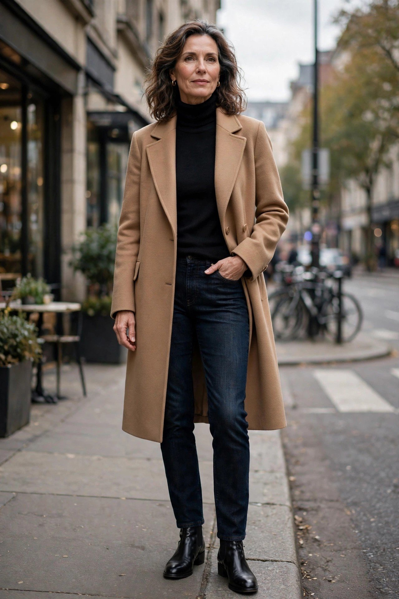 Camel coat with black turtleneck and dark jeans
