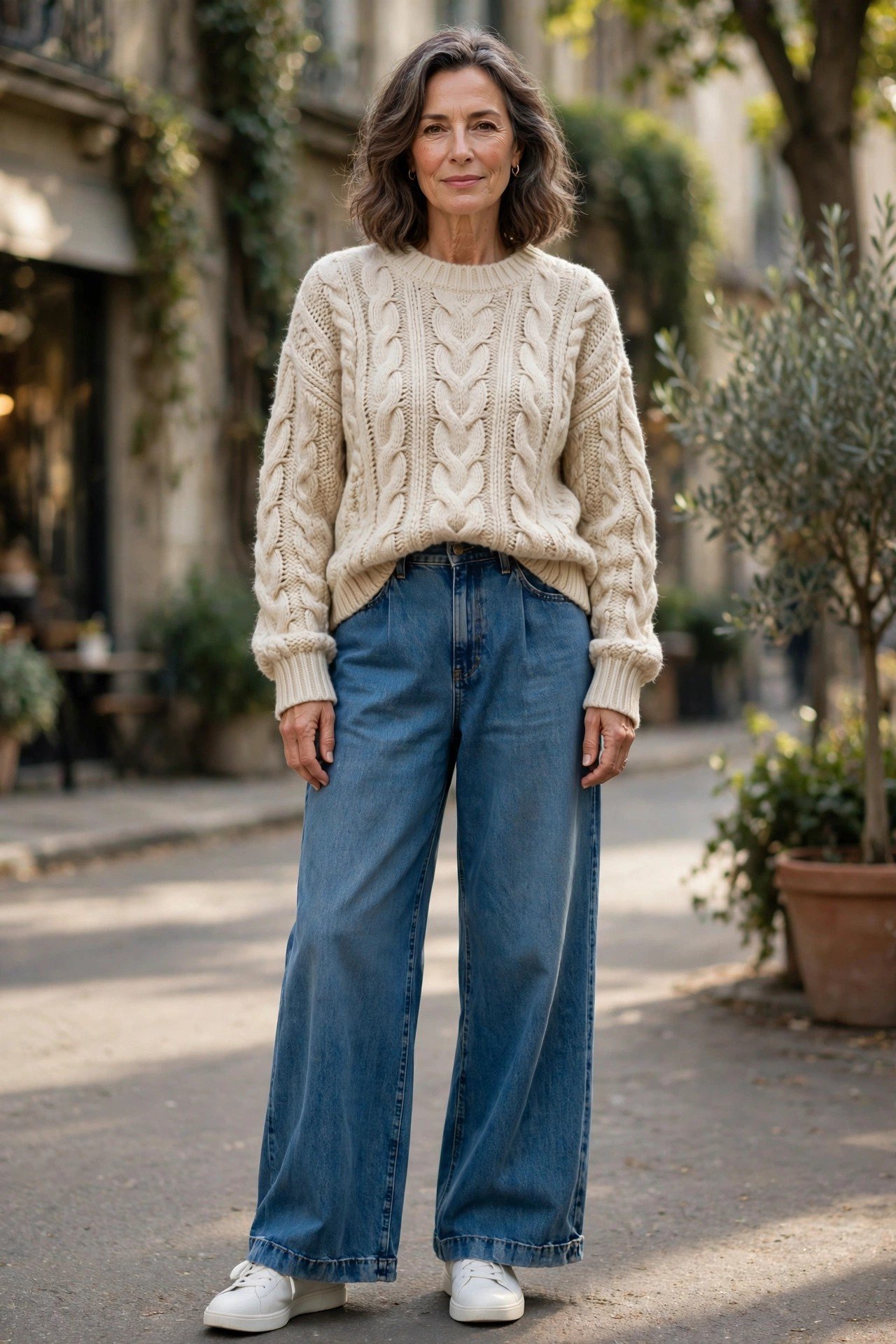 Chunky cable-knit sweater with wide-leg jeans