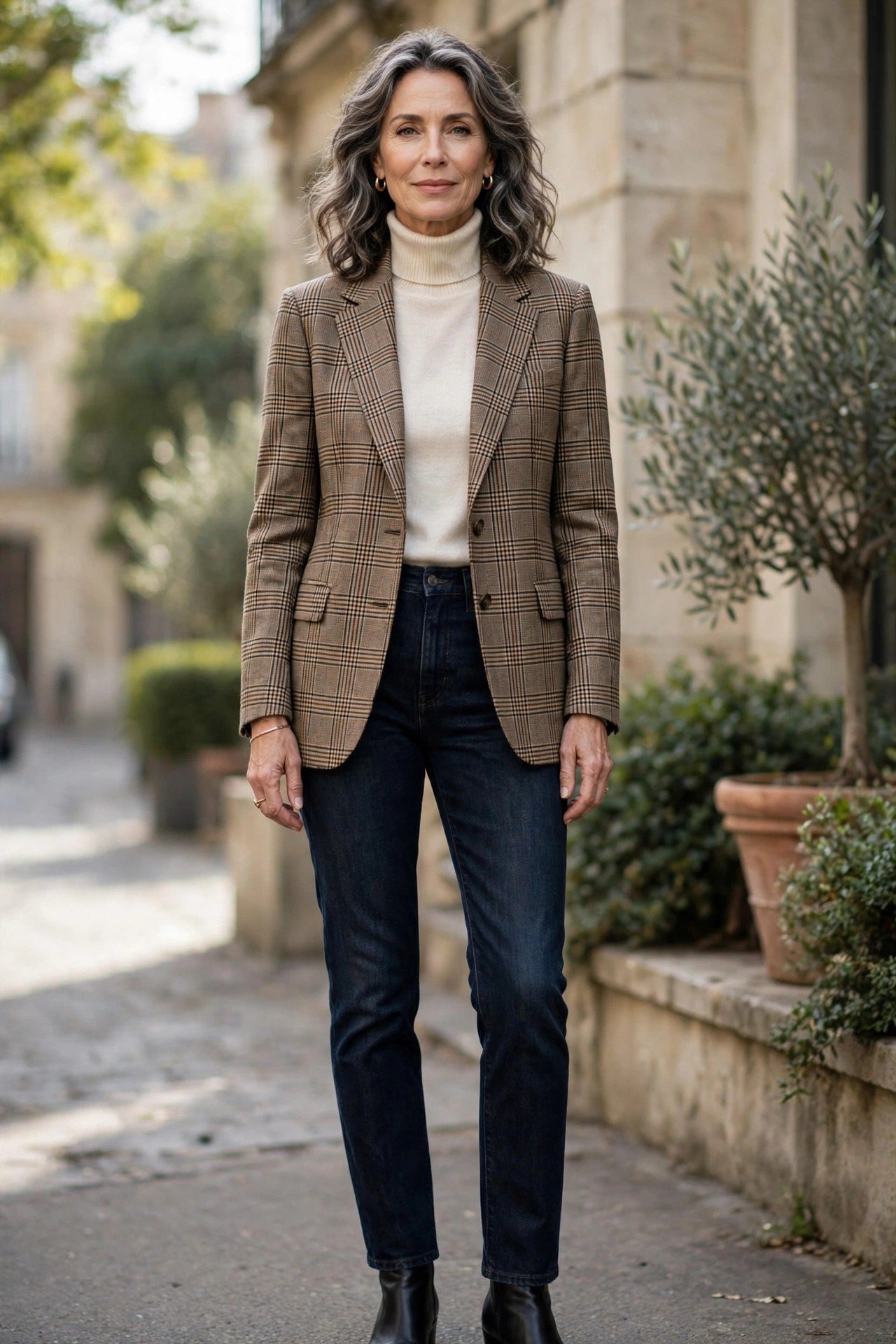 Plaid blazer with cream turtleneck and dark jeans